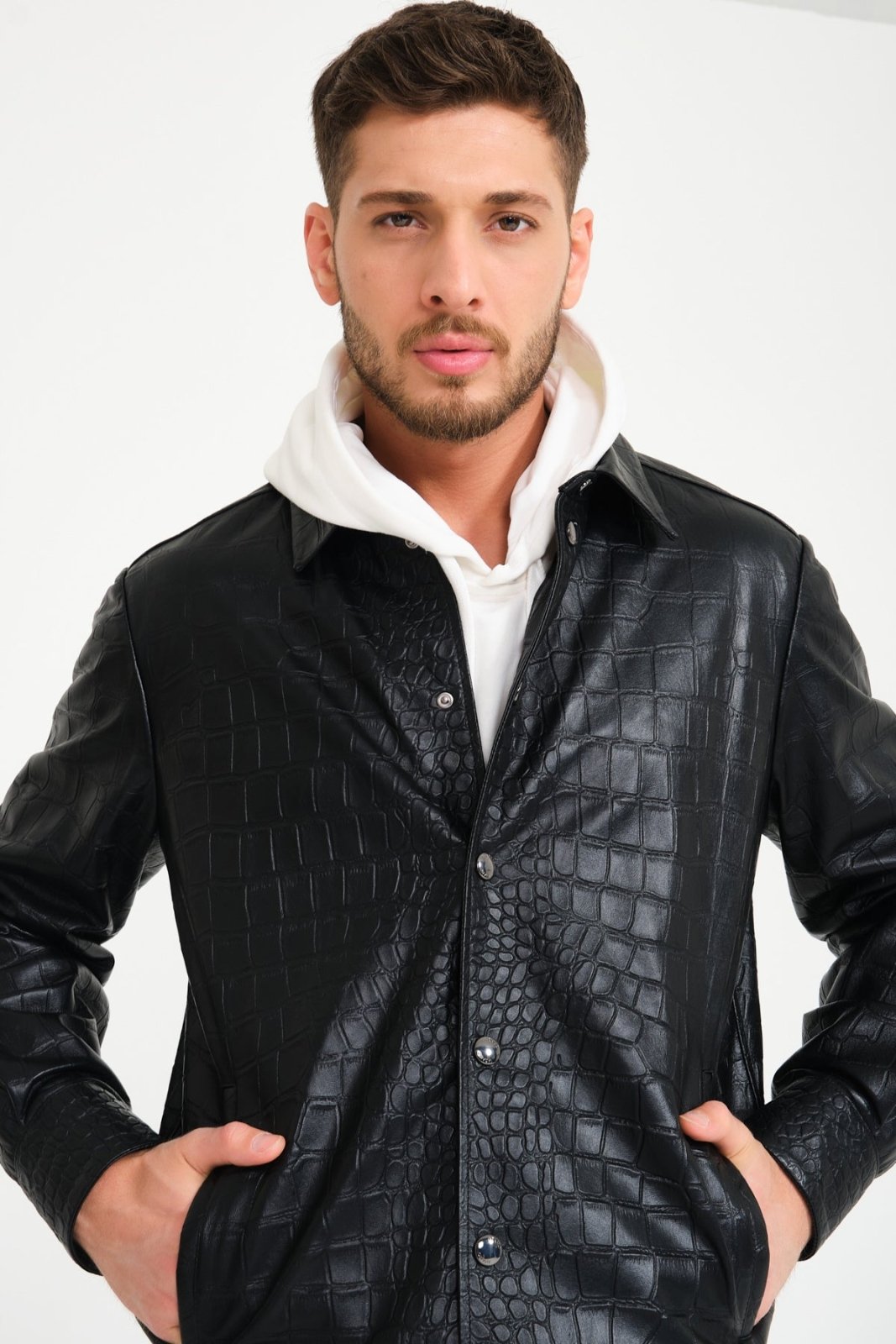 Black Crocodile Pattern Leather Jacket - ADAMO