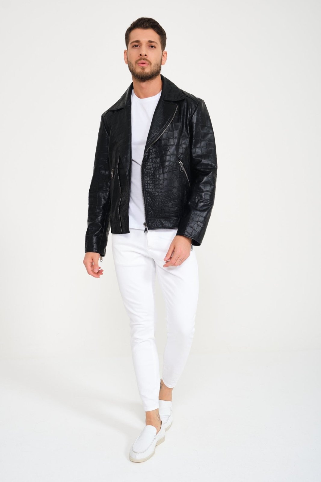 Black Crocodile Pattern Leather Jacket - ADAMO