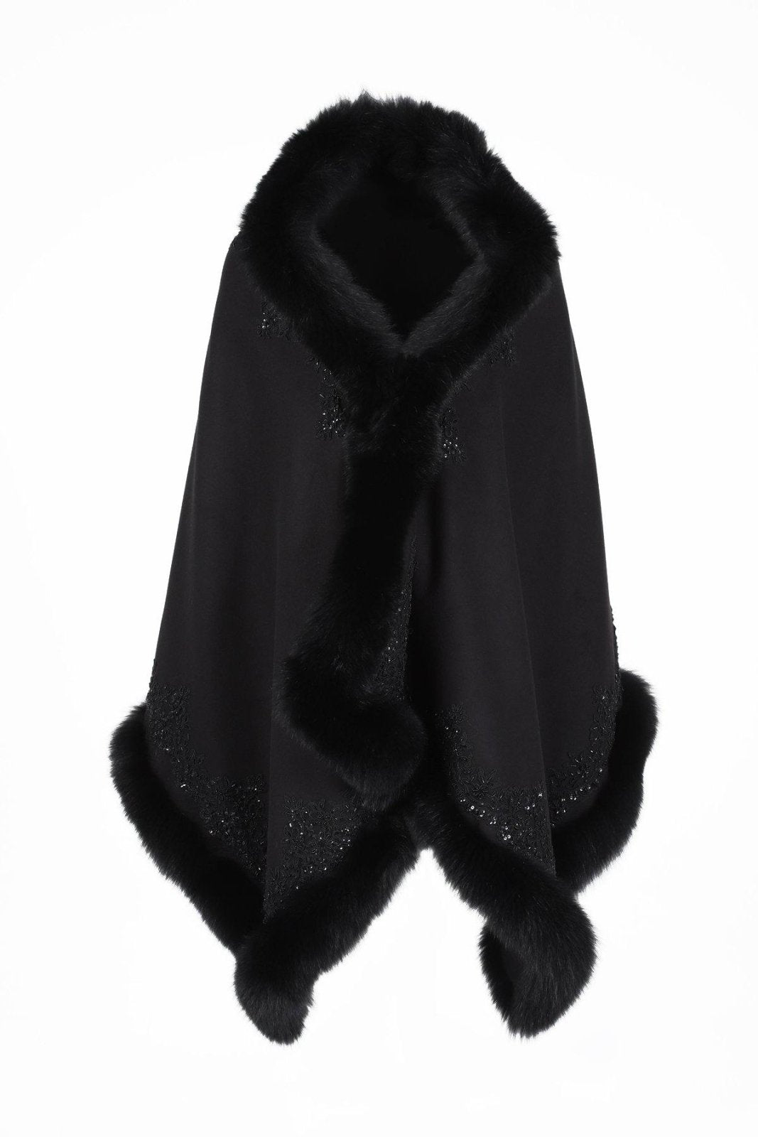 Black Fox Fur Lined Wool Shawl - ADAMO