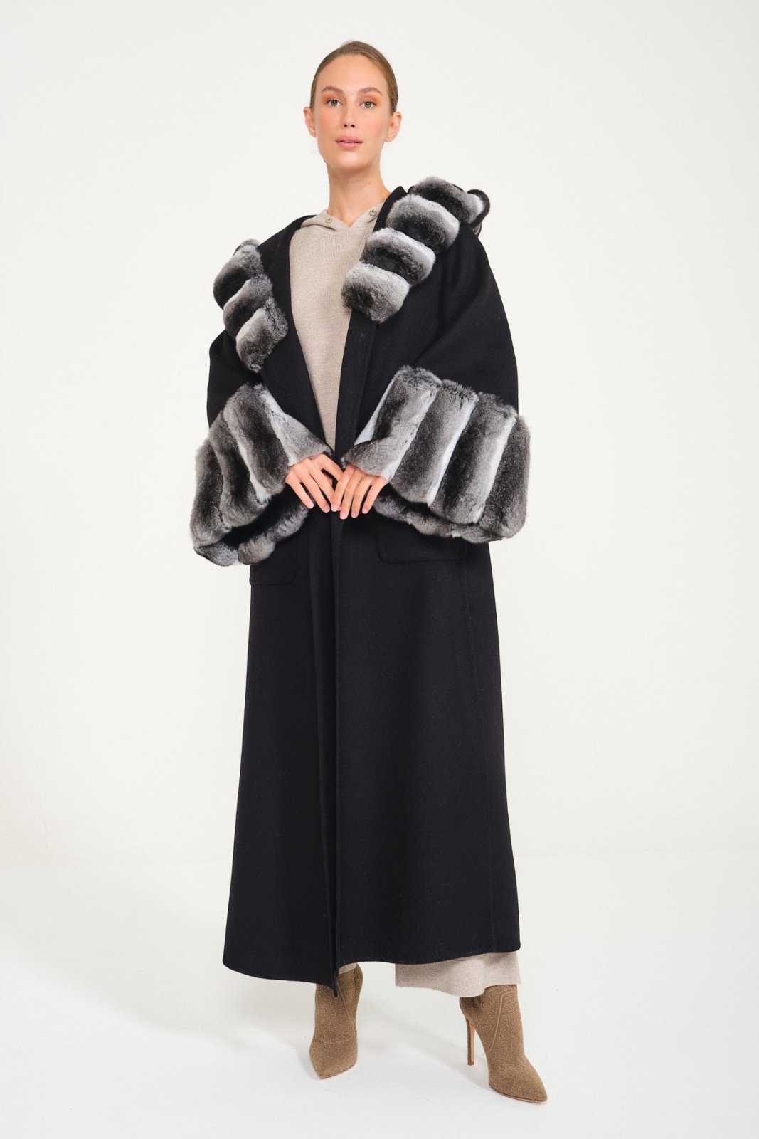 Black Hooded Wool Chinchilla Fur Abaya - ADAMO