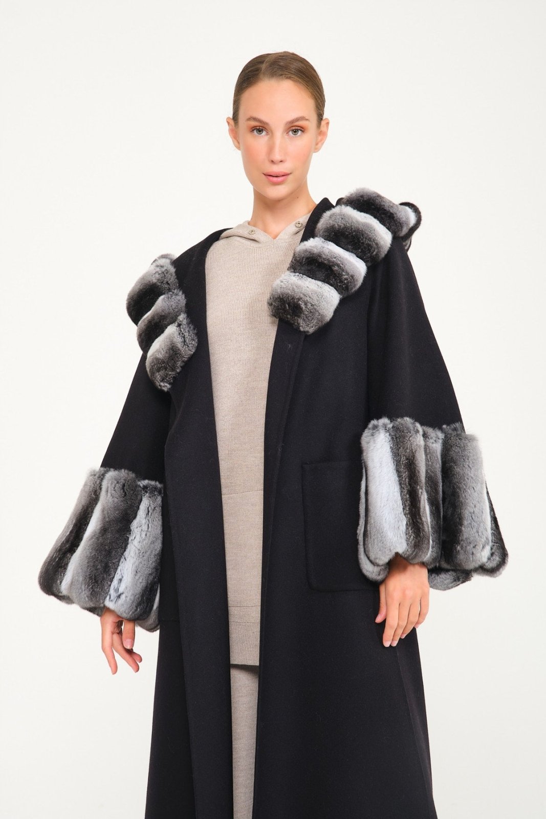 Black Hooded Wool Chinchilla Fur Abaya - ADAMO