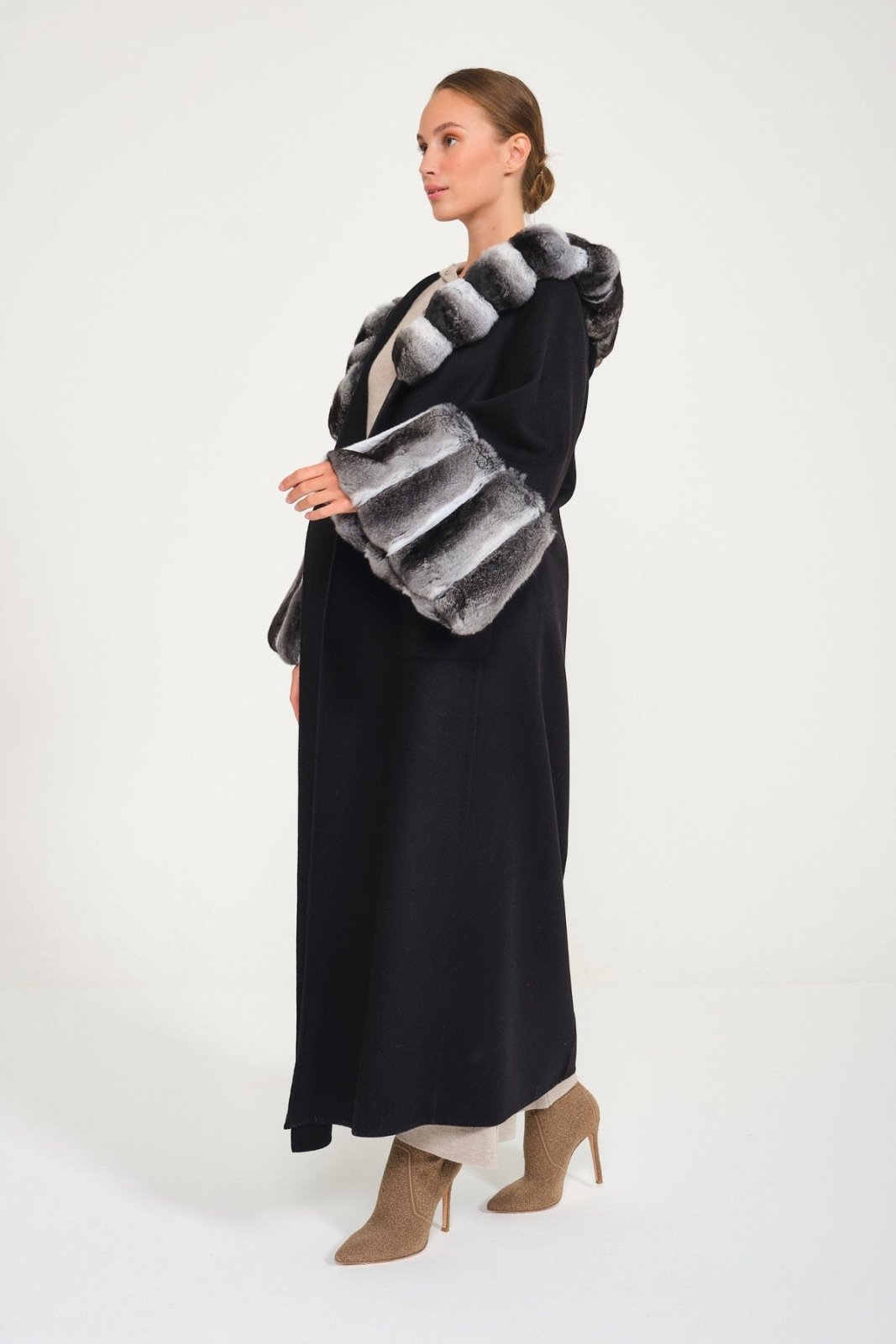 Black Hooded Wool Chinchilla Fur Abaya - ADAMO