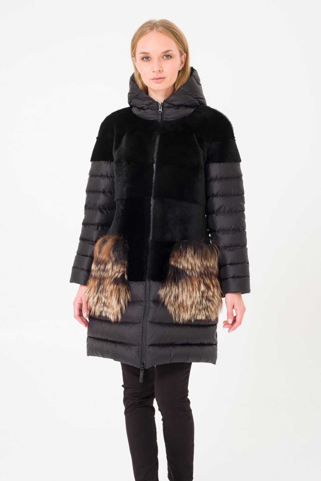 Black Long Shearling Puffer Coat - ADAMO