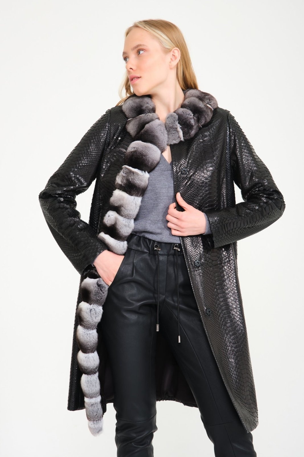 Black Python Leather / Chinchilla Coat - ADAMO