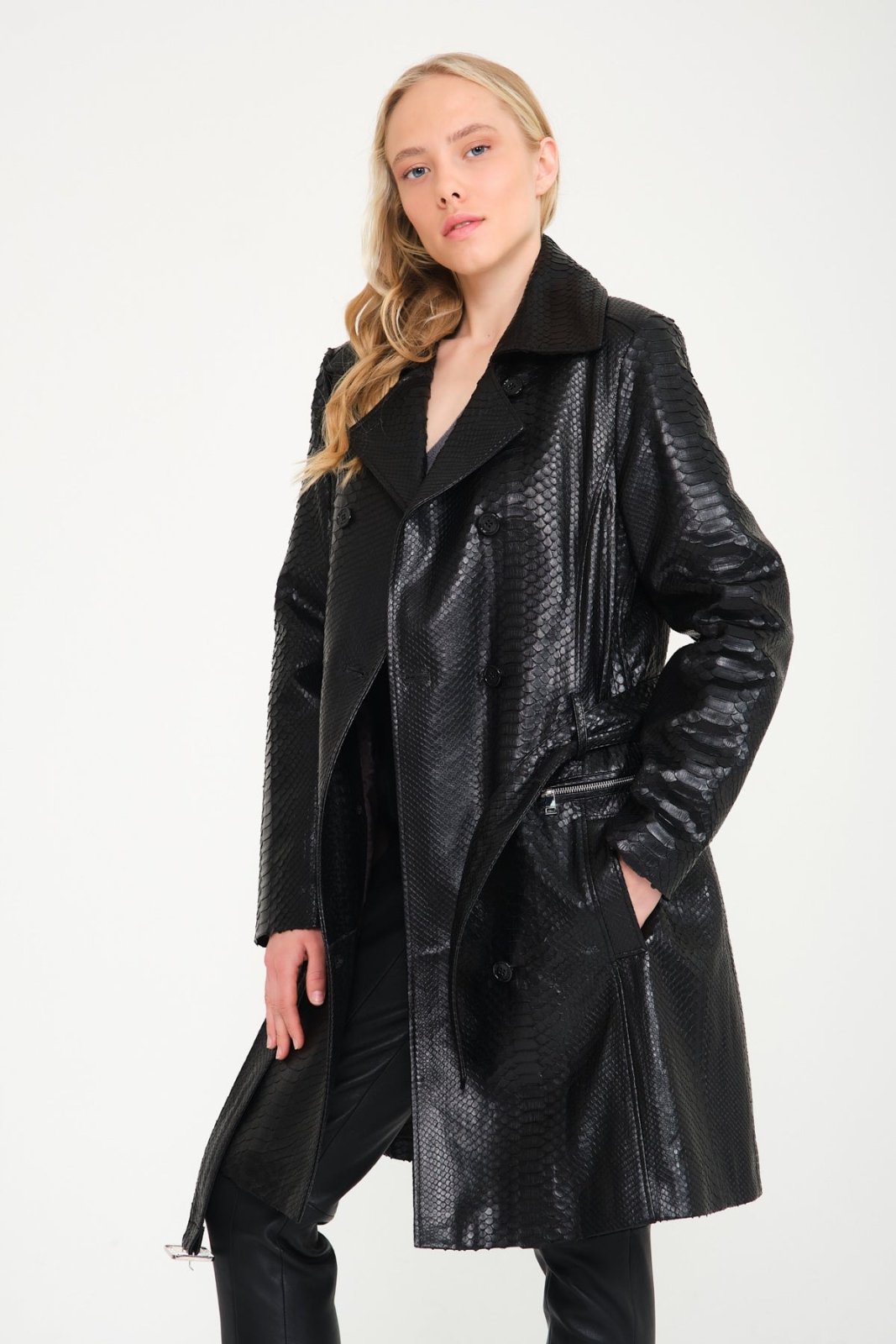 Black Python Leather Coat - ADAMO