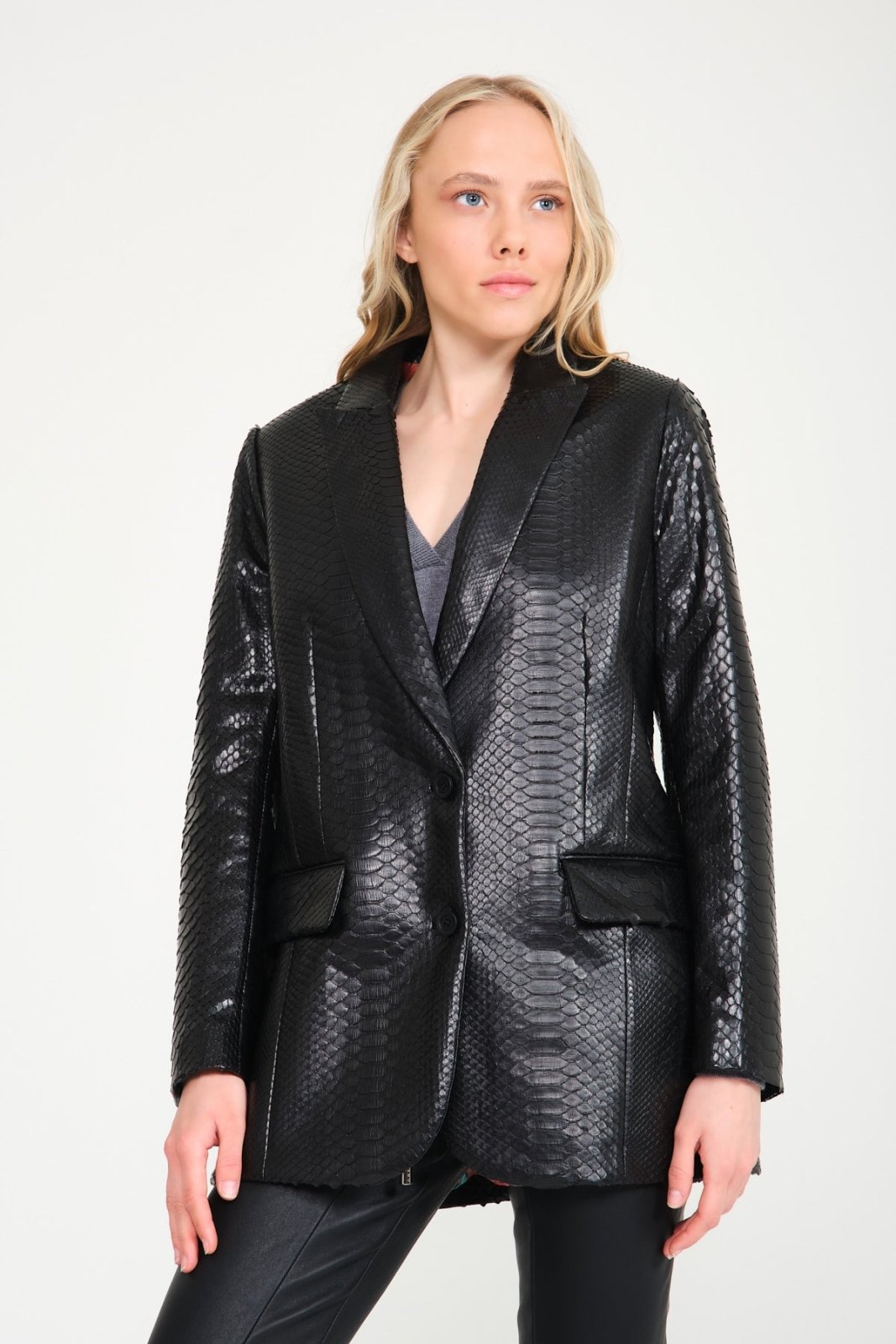 Black Python Leather Coat - ADAMO