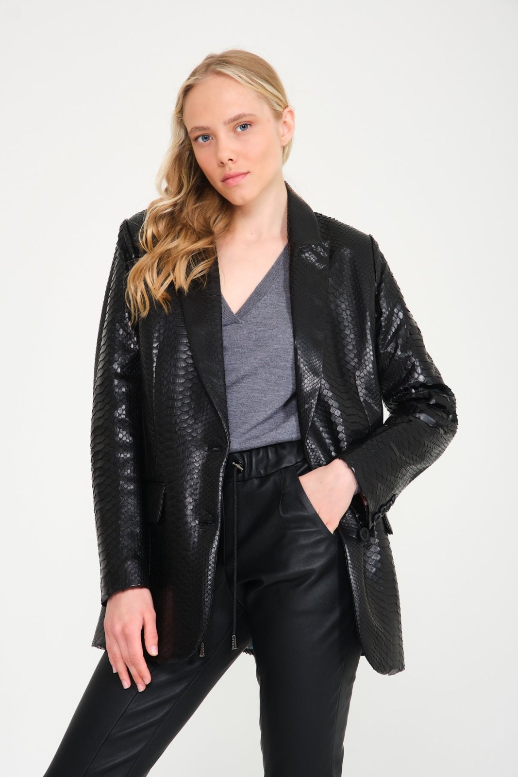 Black Python Leather Coat - ADAMO