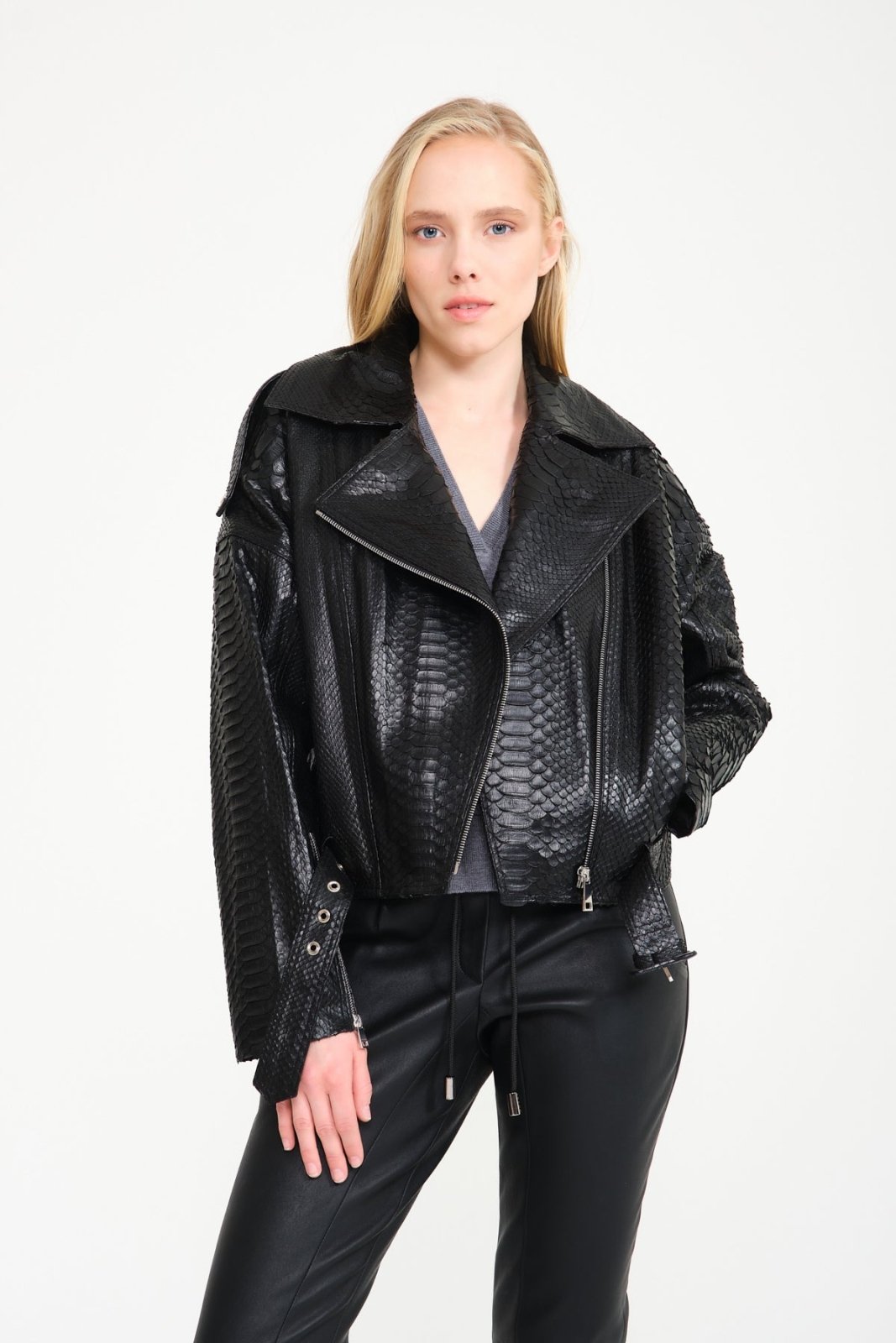 Black Python Leather Jacket - ADAMO