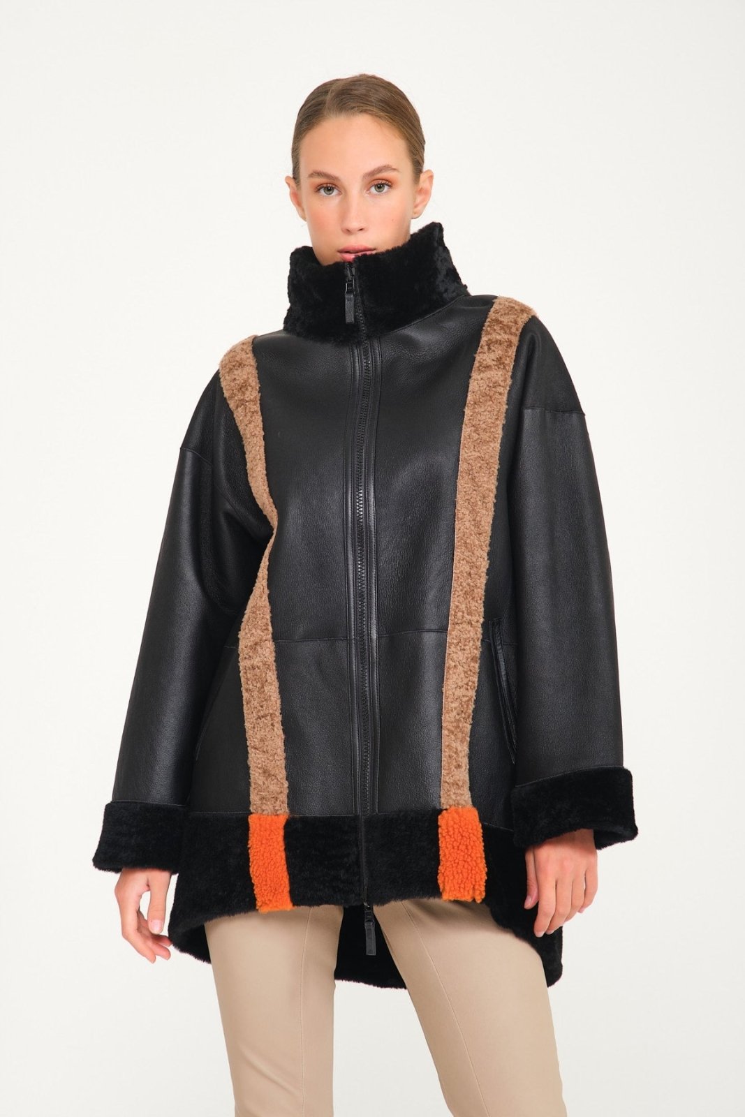 Black Shearling Double Face Leather & Fur Coat - ADAMO