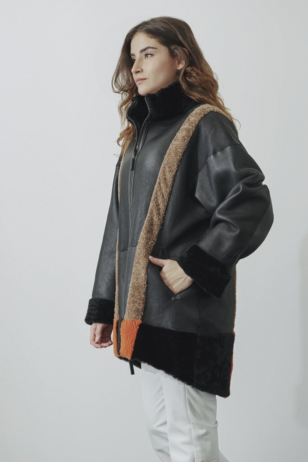 Black Shearling Double Face Leather & Fur Coat - ADAMO