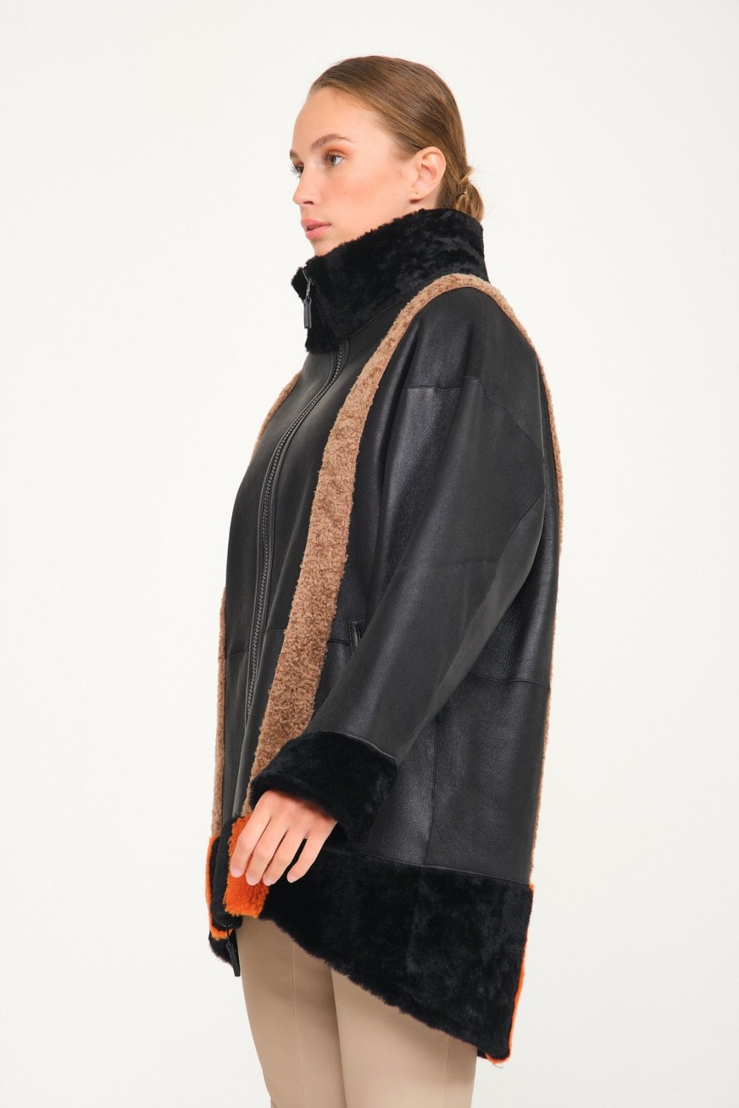 Black Shearling Double Face Leather & Fur Coat - ADAMO