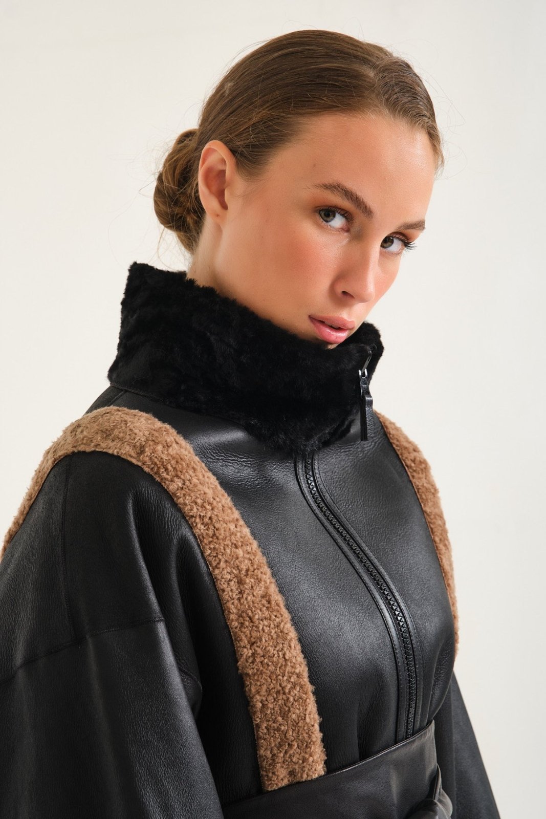 Black Shearling Double Face Leather & Fur Coat - ADAMO