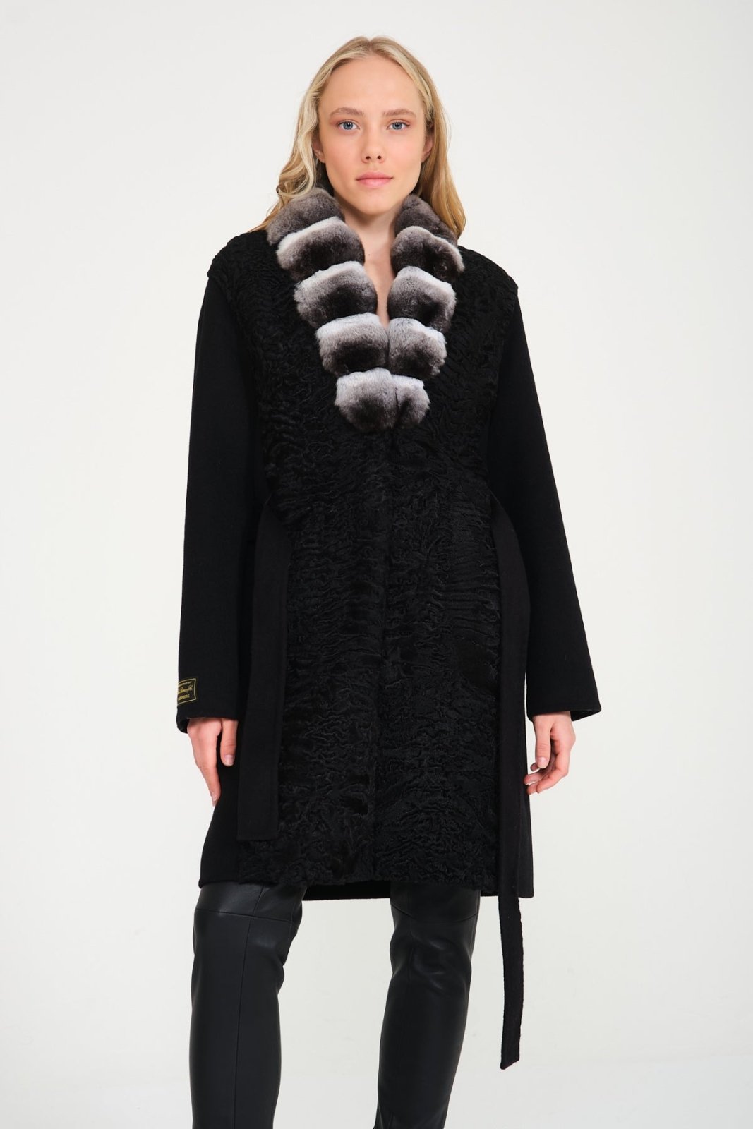 Black Swakara Long Wool Coat - ADAMO