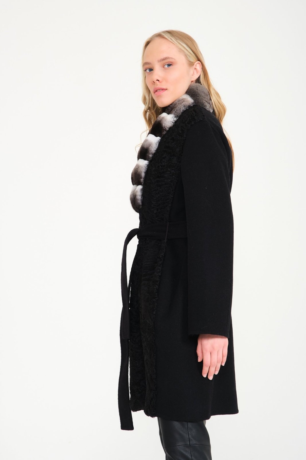 Black Swakara Long Wool Coat - ADAMO