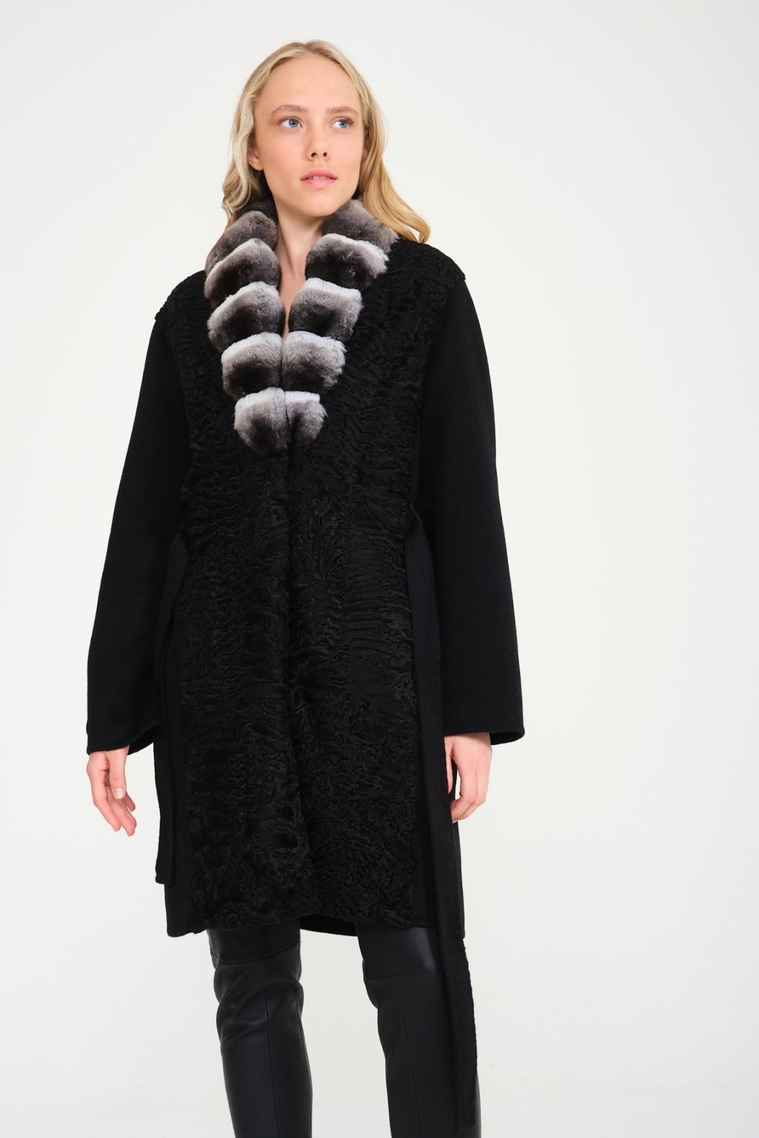 Black Swakara Long Wool Coat - ADAMO