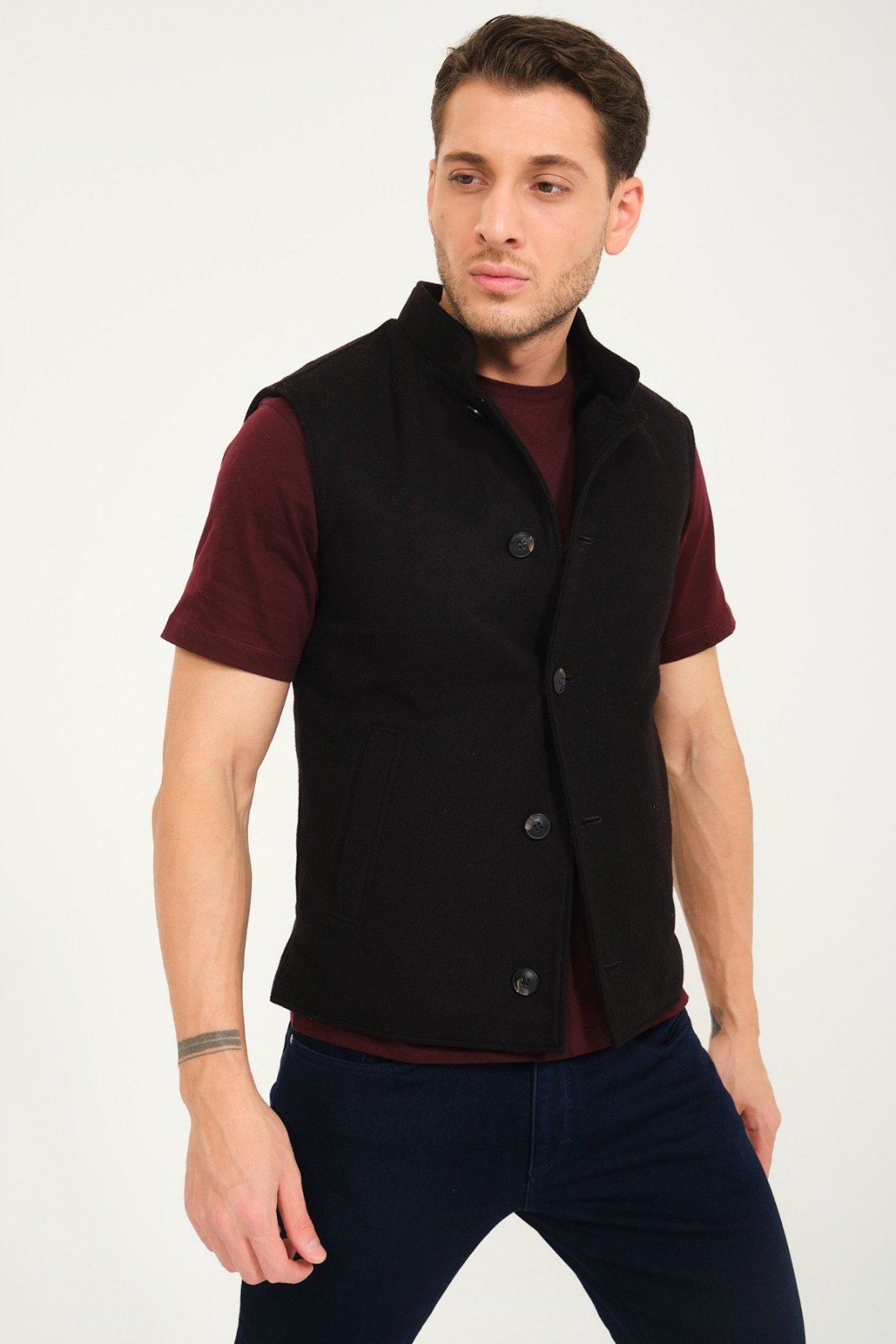 Black Wool & Rex Fur Slim Fit Knit Vest - ADAMO