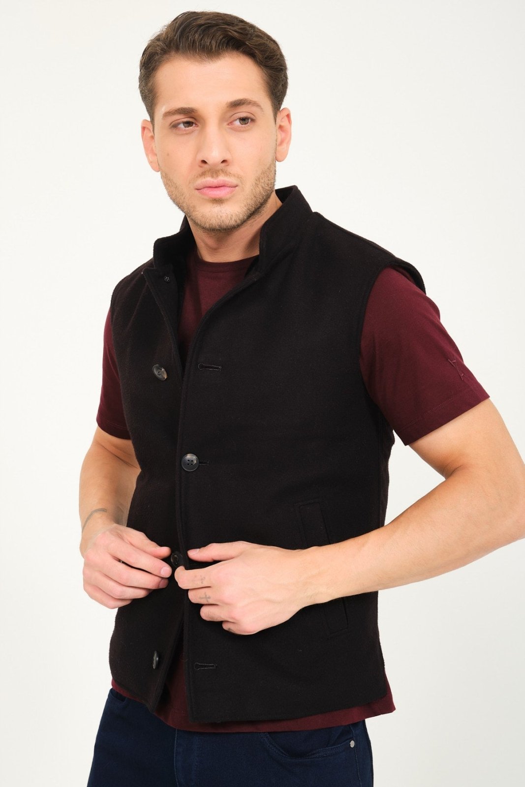 Black Wool & Rex Fur Slim Fit Knit Vest - ADAMO