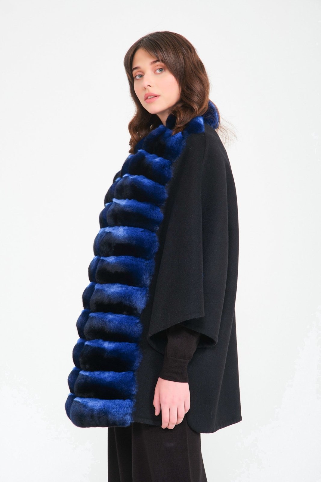 Blue Chinchilla Fur Wool Poncho - ADAMO