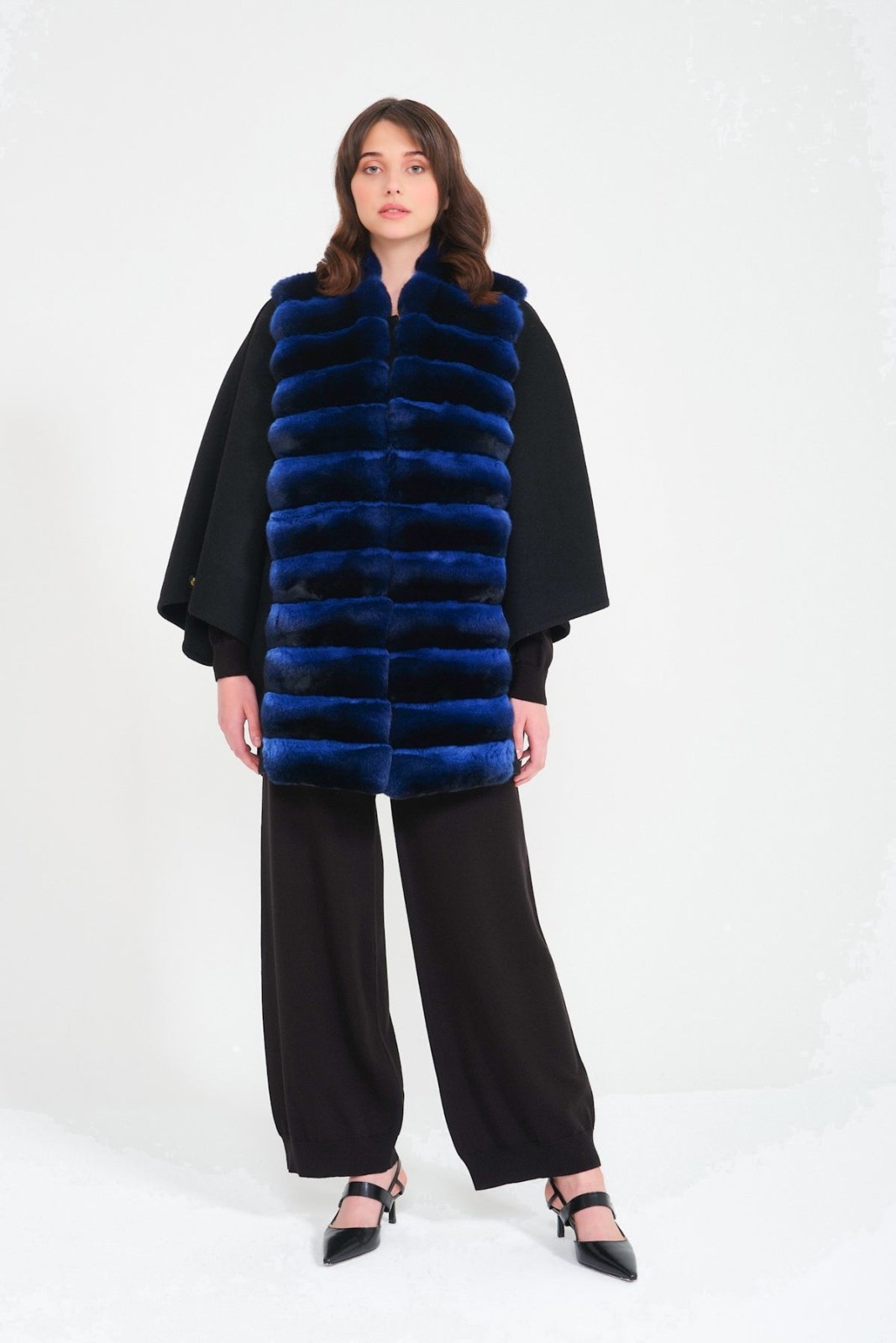 Blue Chinchilla Fur Wool Poncho - ADAMO