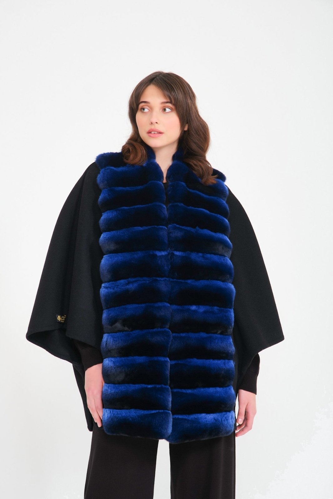 Blue Chinchilla Fur Wool Poncho - ADAMO