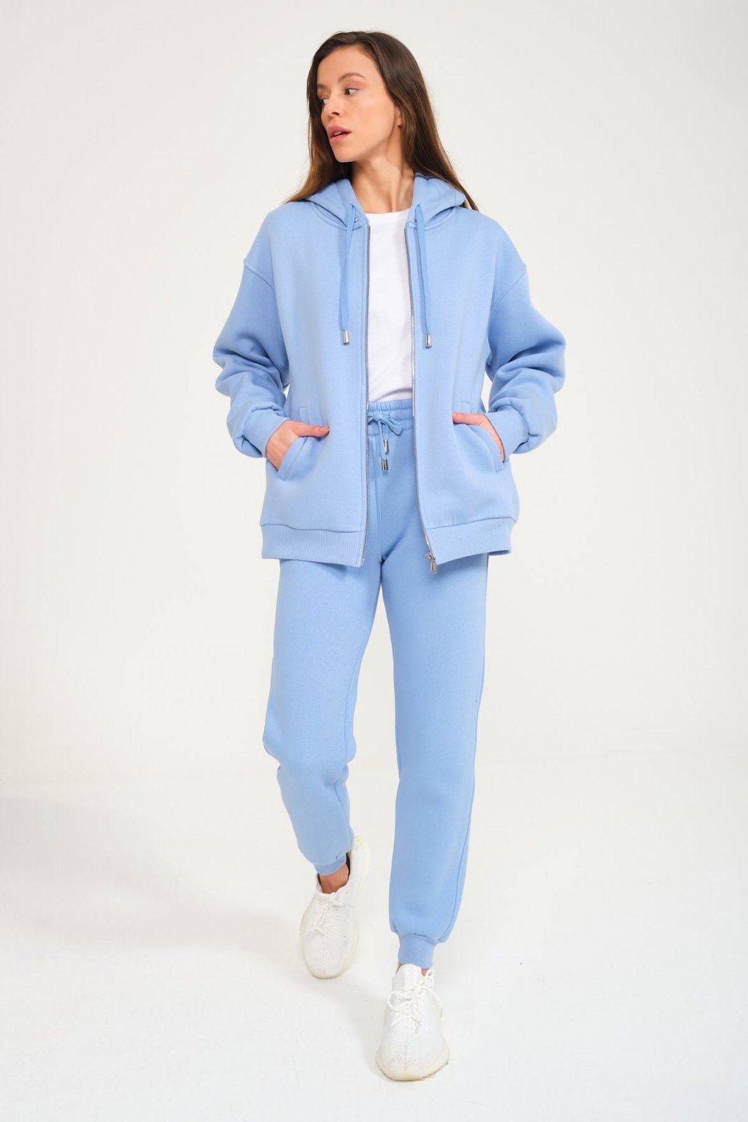 Blue Chinchilla Fur Zipped Hoodie & Jogger Set - ADAMO