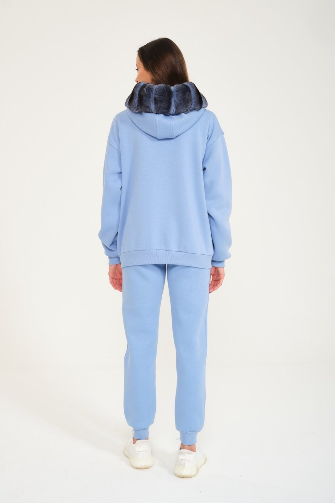 Blue Chinchilla Fur Zipped Hoodie & Jogger Set - ADAMO