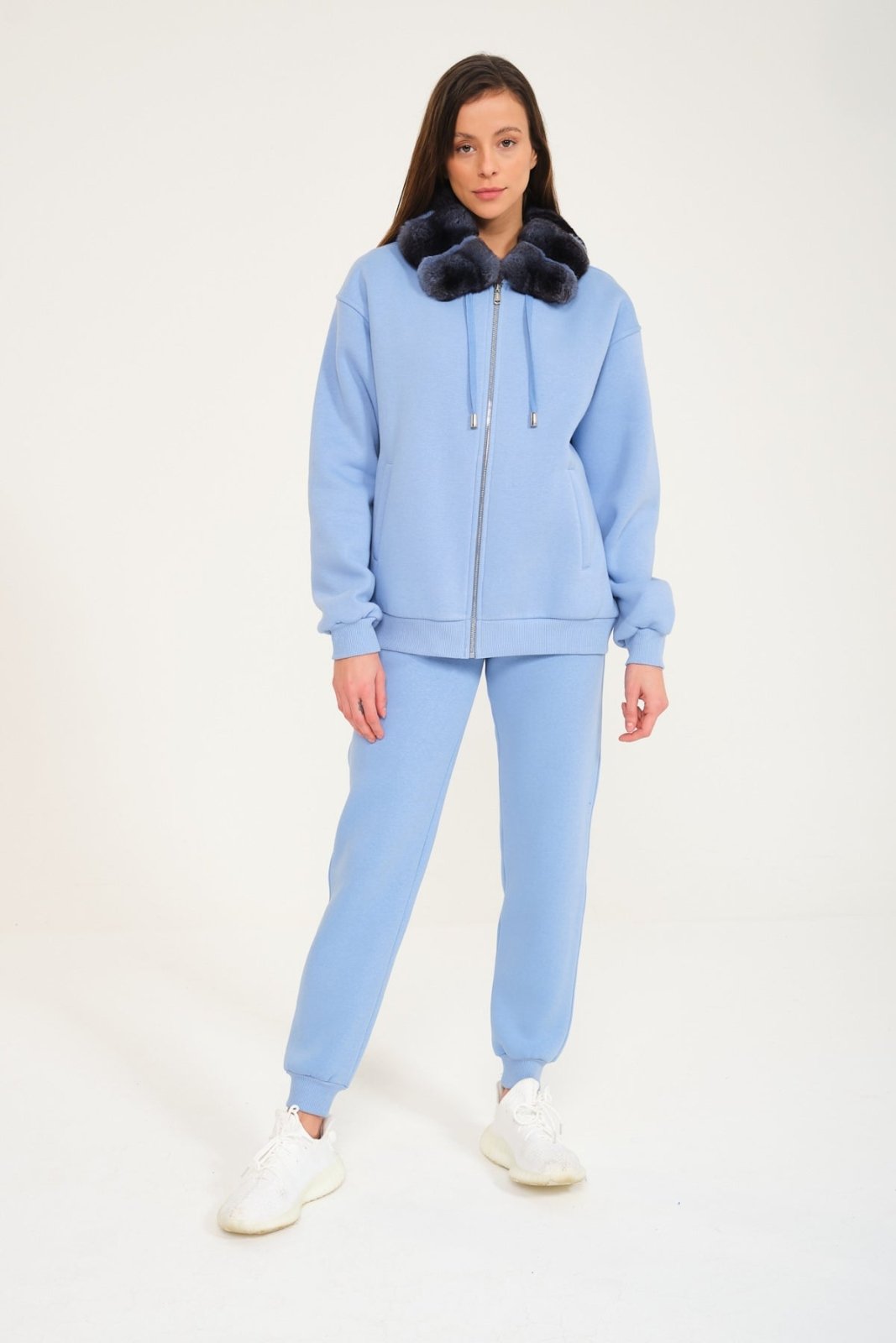 Blue Chinchilla Fur Zipped Hoodie & Jogger Set - ADAMO