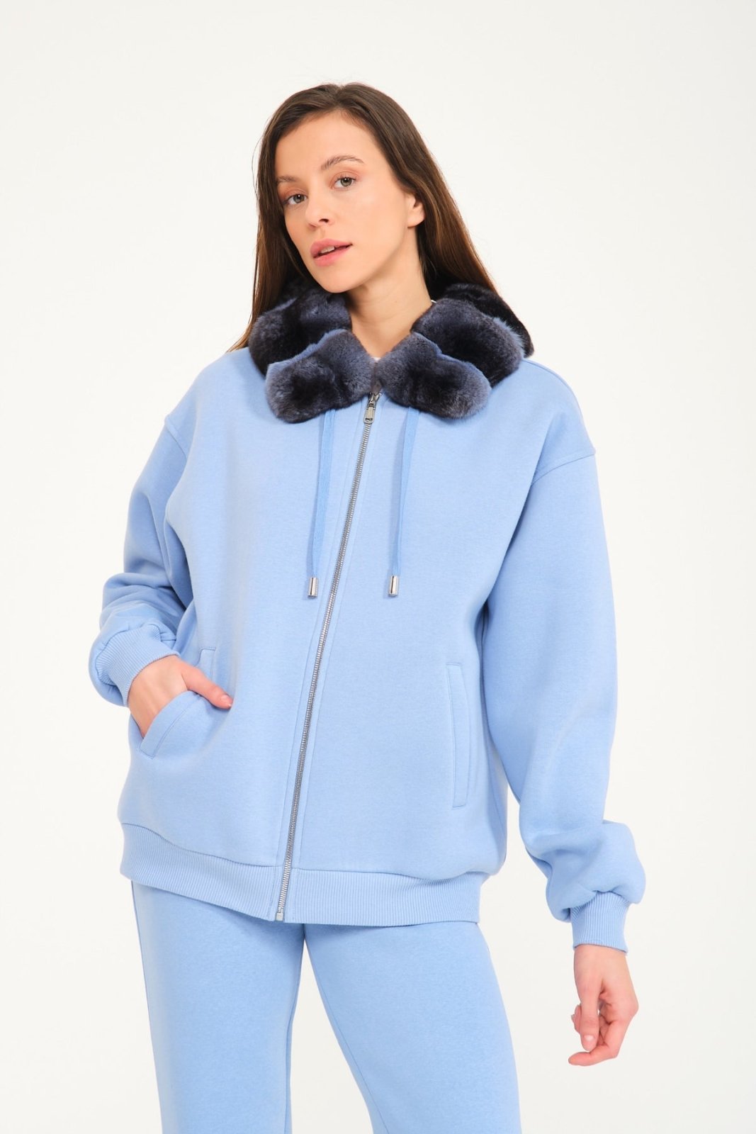 Blue Chinchilla Fur Zipped Hoodie & Jogger Set - ADAMO