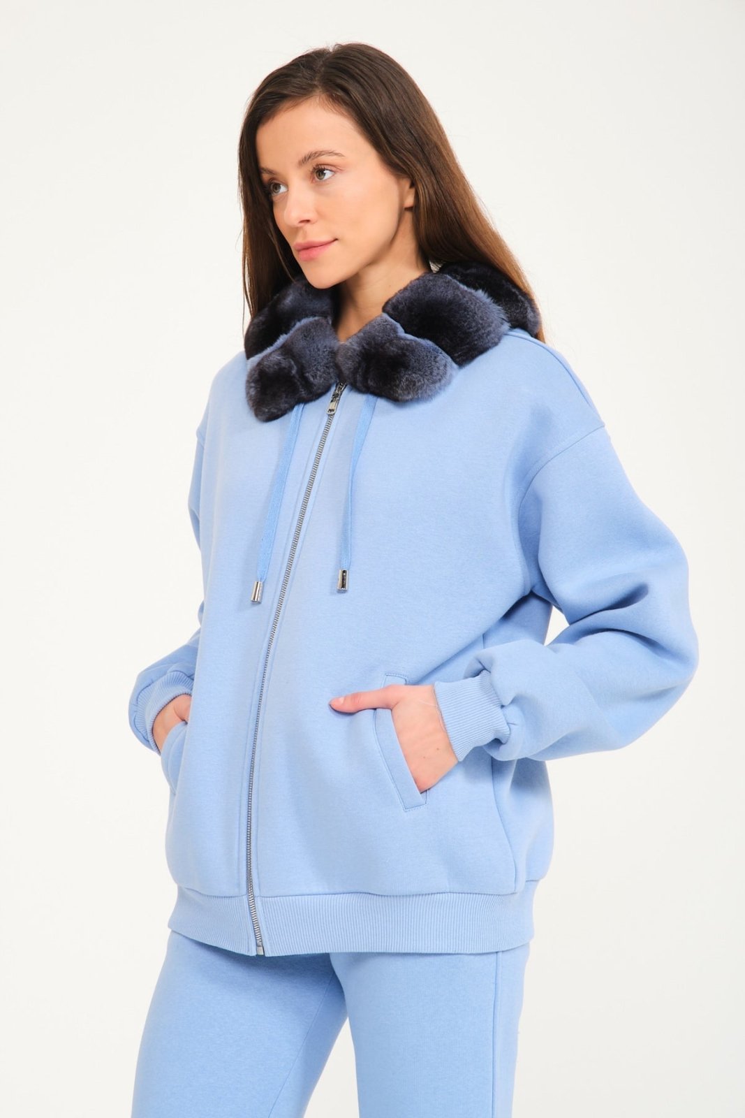 Blue Chinchilla Fur Zipped Hoodie & Jogger Set - ADAMO