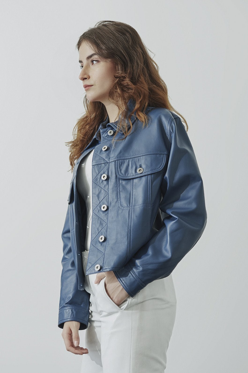 Blue Leather Jacket Set - ADAMO