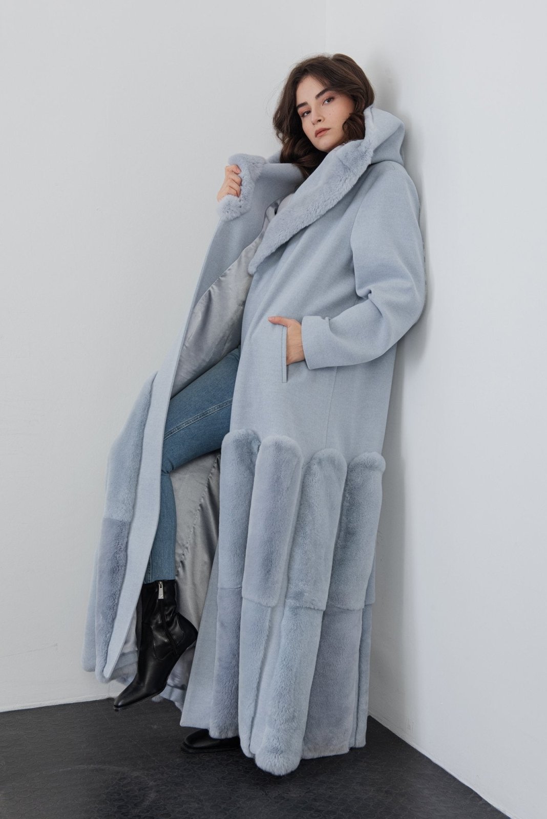 Blue Long Rex Fur Coat - ADAMO