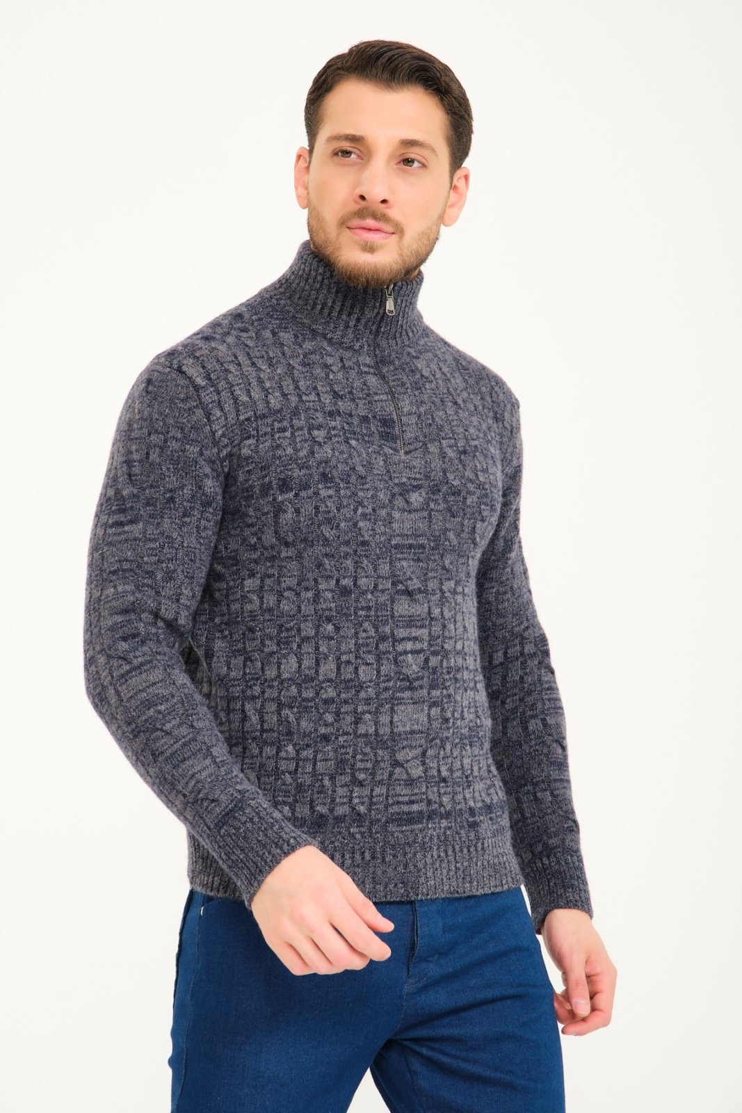 Blue Melange Wool Knit Sweater - ADAMO