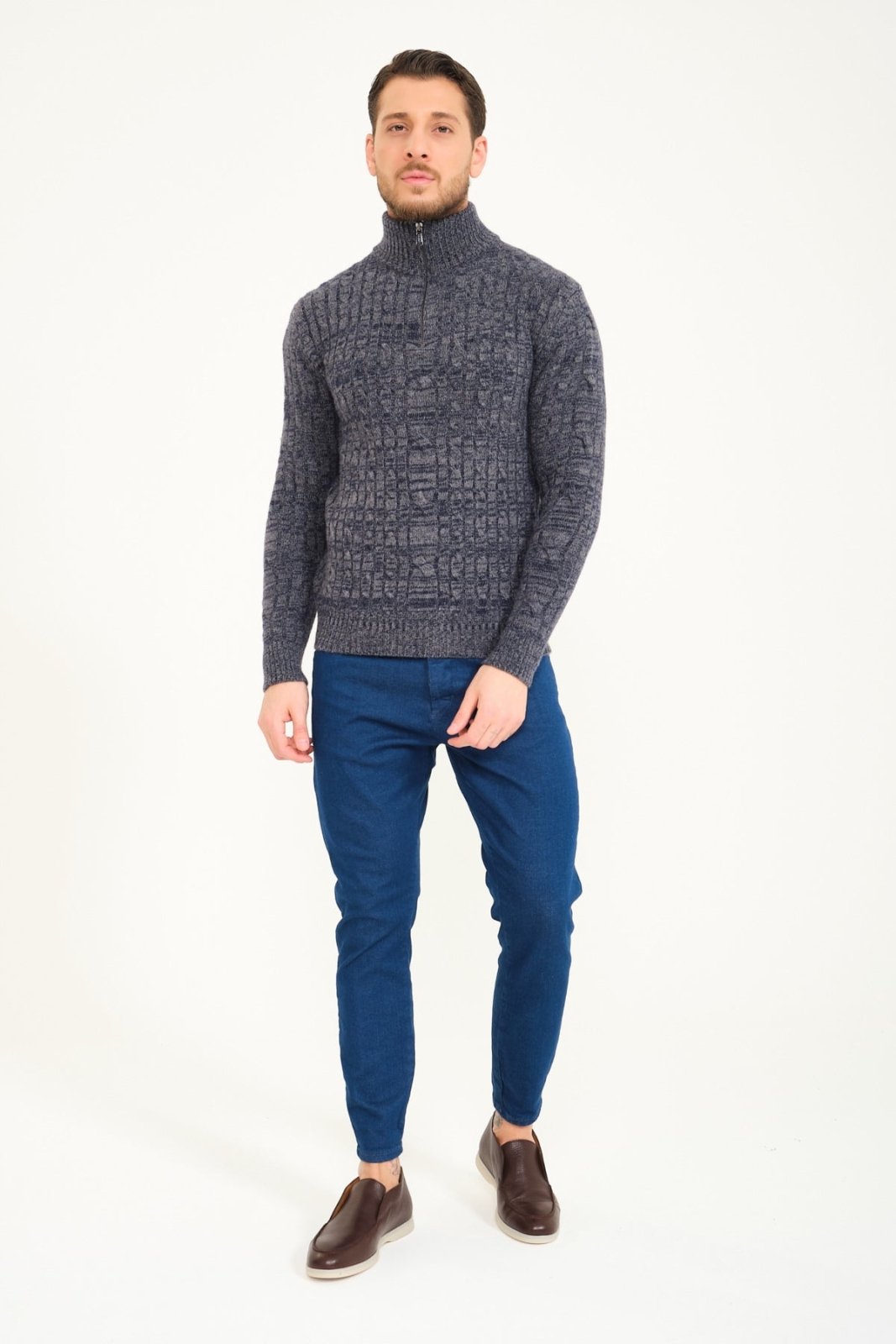 Blue Melange Wool Knit Sweater - ADAMO