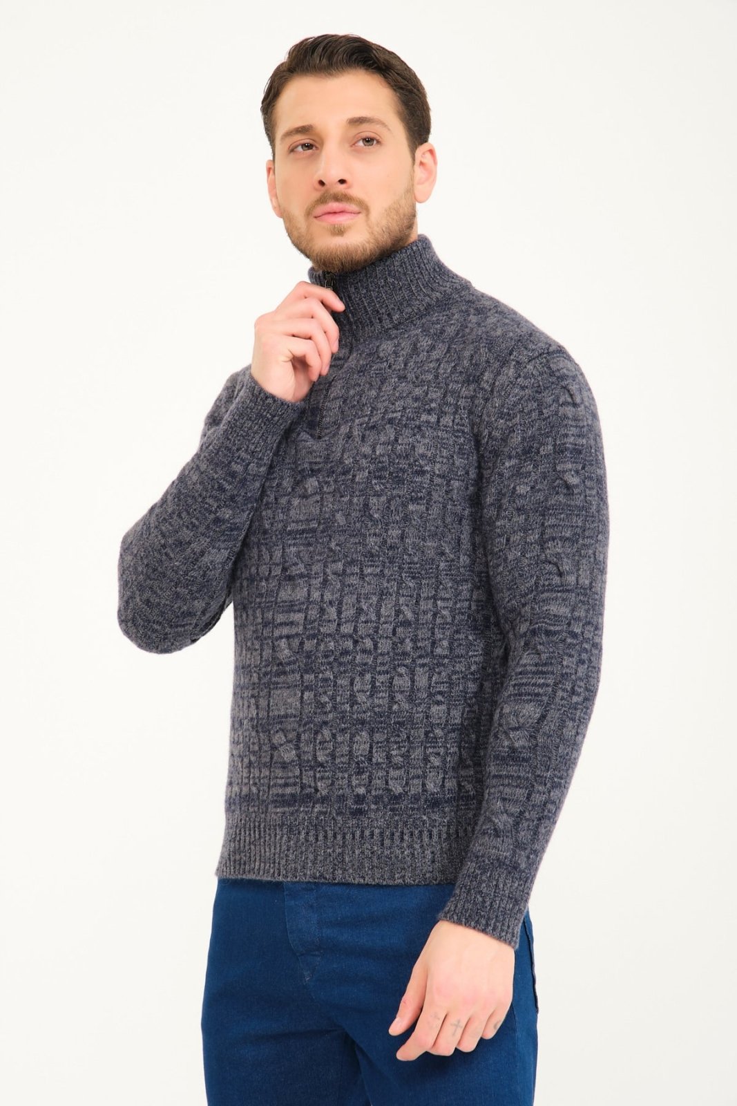 Blue Melange Wool Knit Sweater - ADAMO