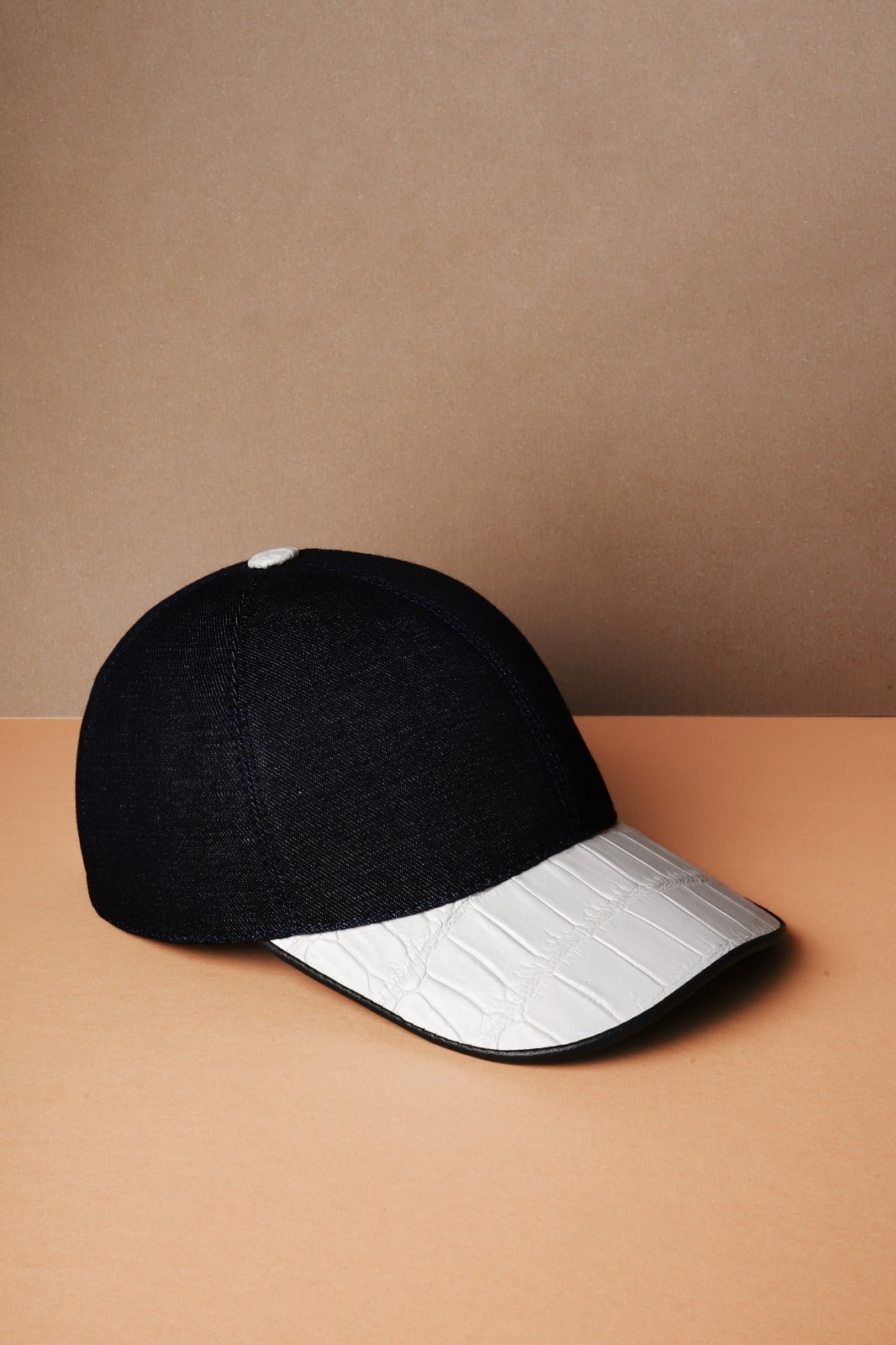 Blue Textile & White Crocodile Leather Cap - ADAMO