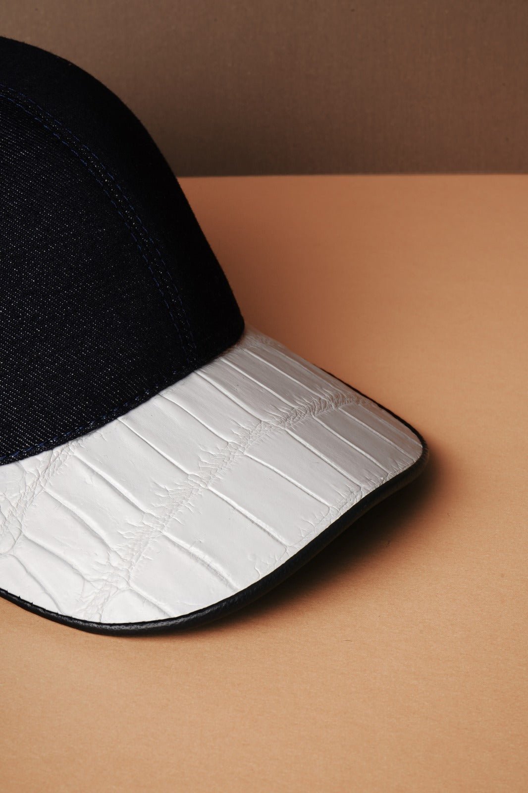 Blue Textile & White Crocodile Leather Cap - ADAMO