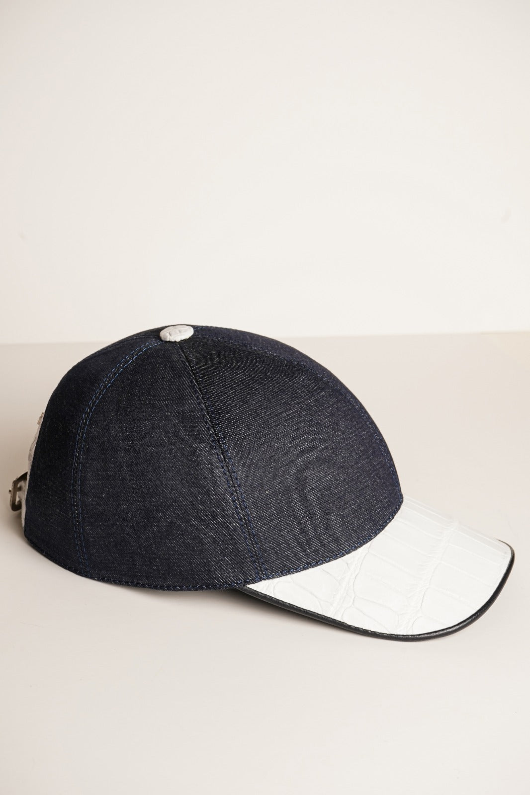 Blue Textile & White Crocodile Leather Cap - ADAMO