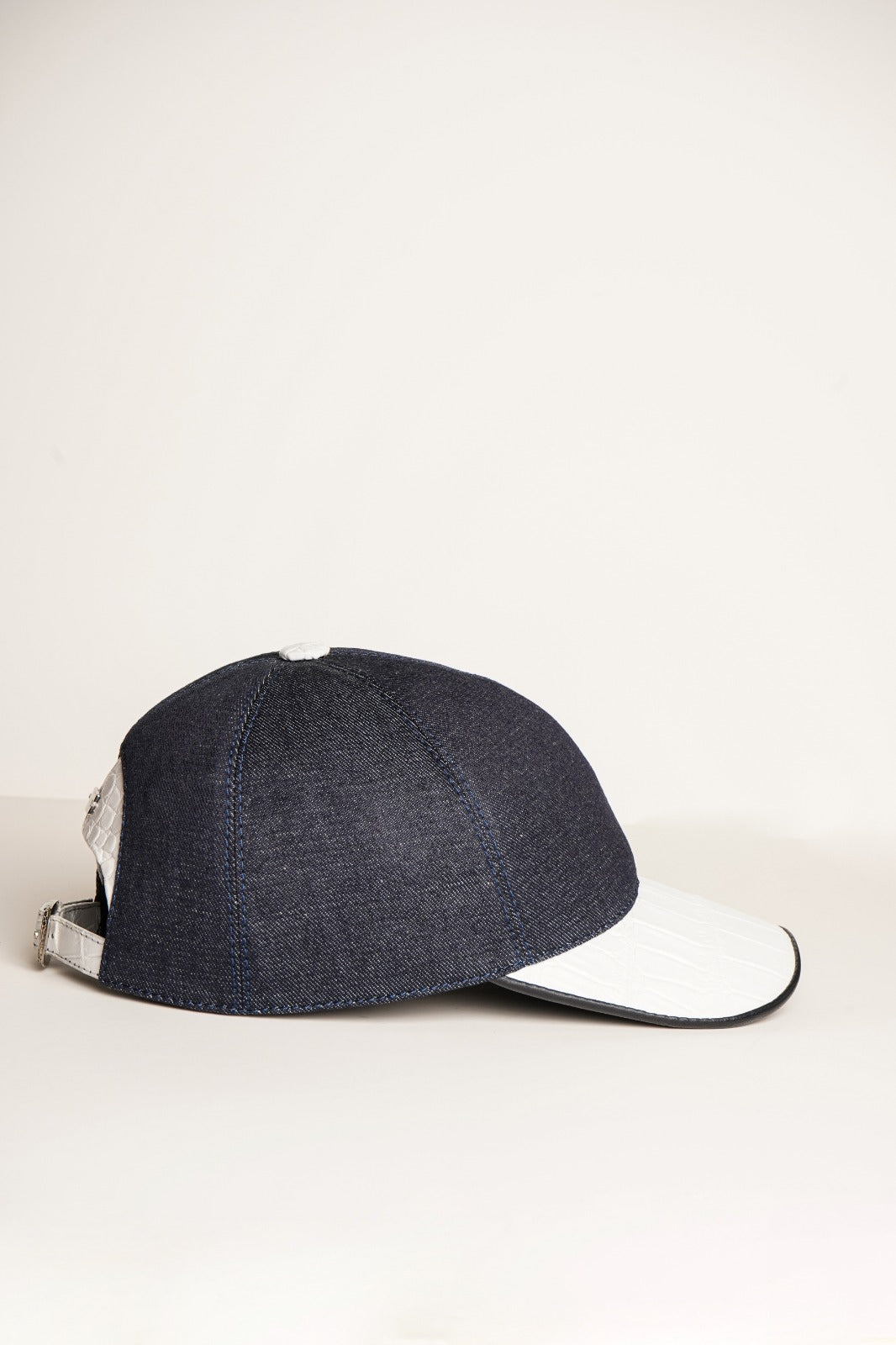 Blue Textile & White Crocodile Leather Cap - ADAMO