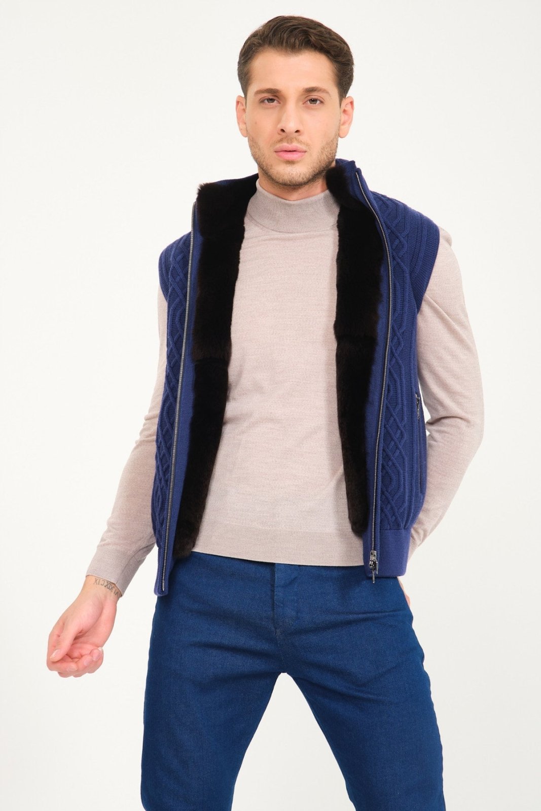 Blue Wool & Rex Fur Knit Vest - ADAMO