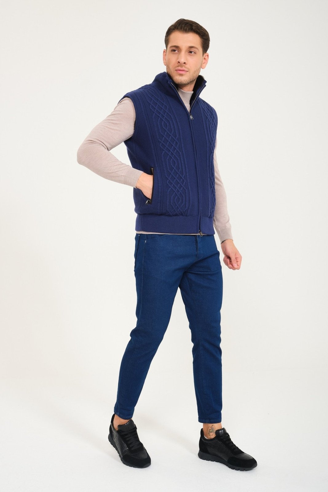 Blue Wool & Rex Fur Knit Vest - ADAMO