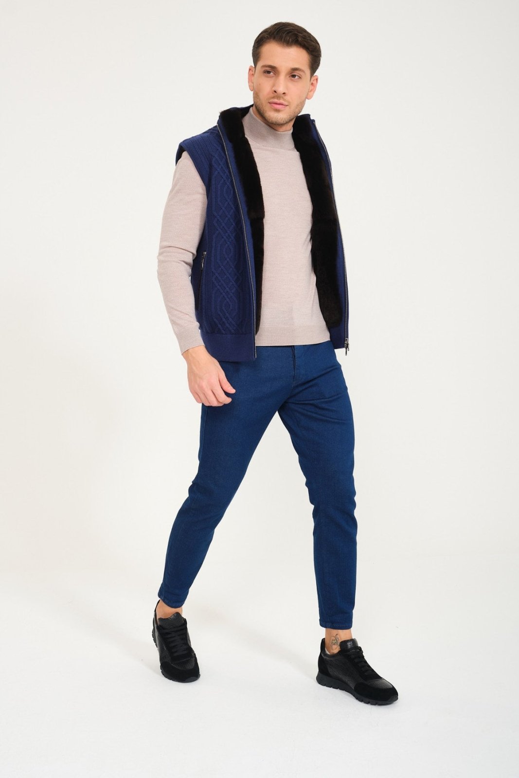 Blue Wool & Rex Fur Knit Vest - ADAMO