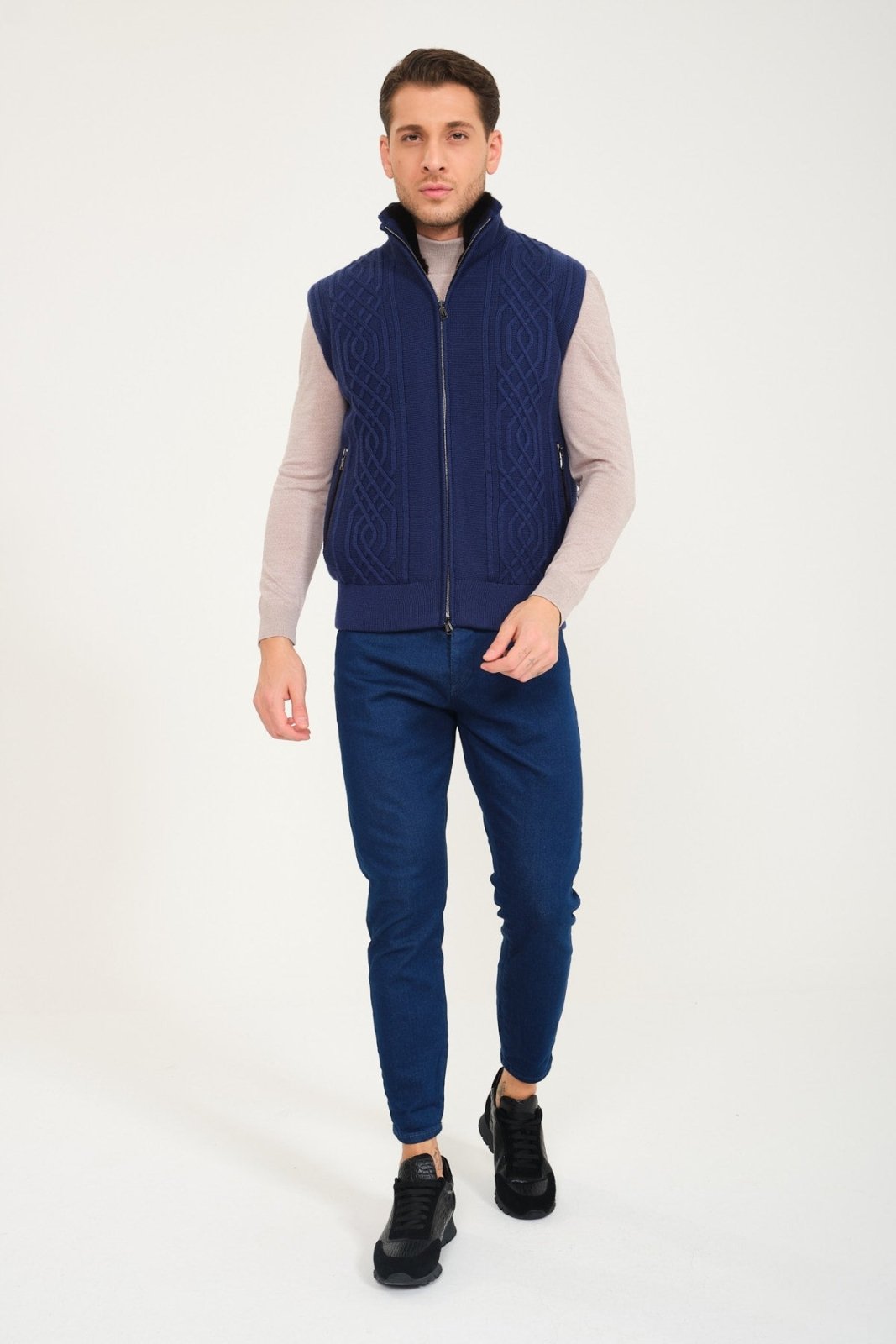 Blue Wool & Rex Fur Knit Vest - ADAMO