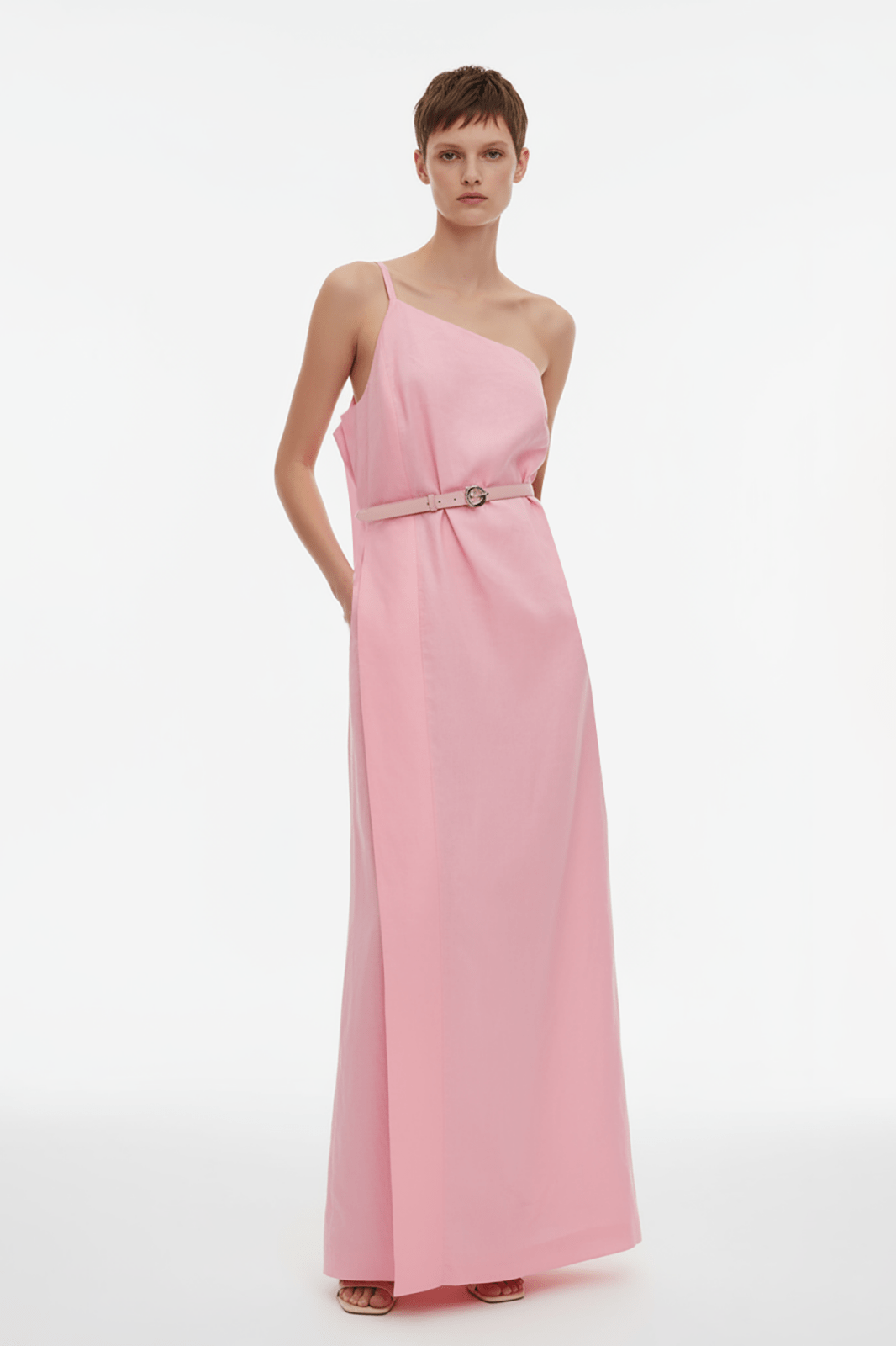 Blush Pink Asymmetric Linen Midi Dress - ADAMO