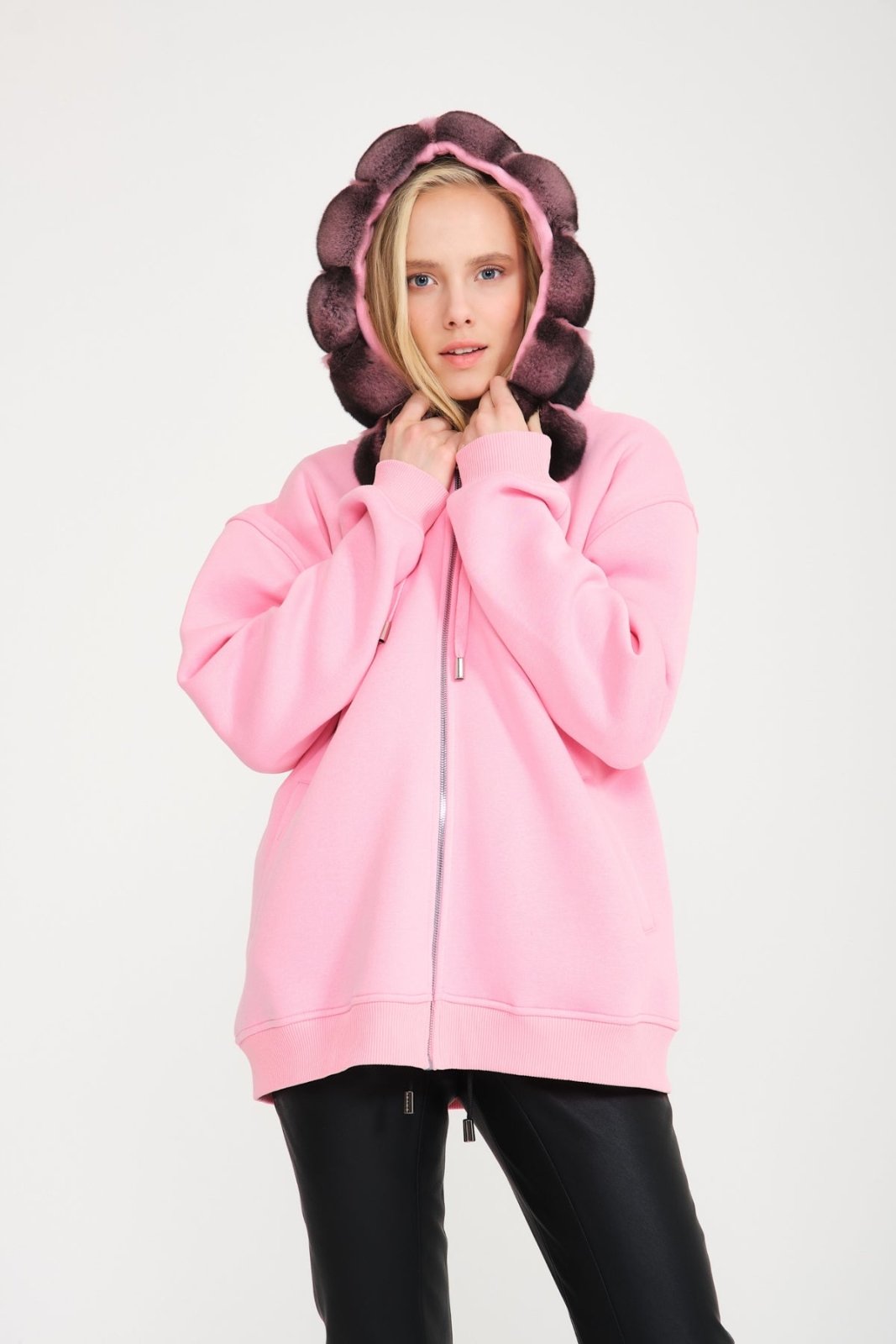 Blush Pink Chinchilla Fur Hoodie - ADAMO