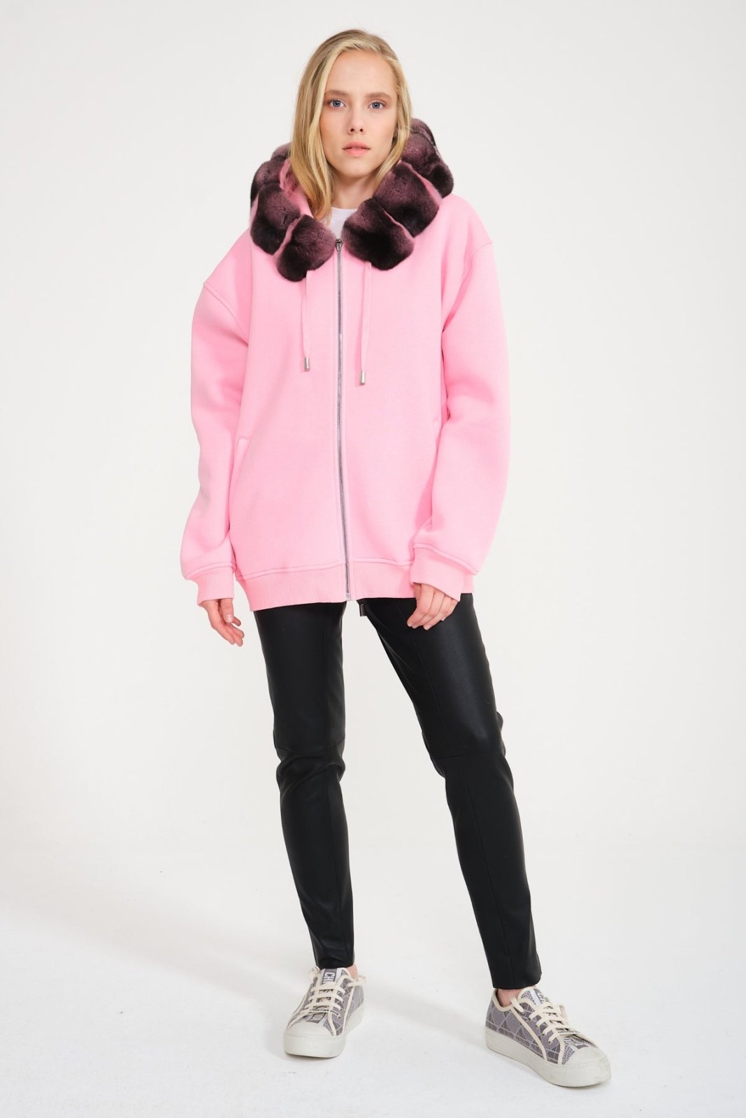 Blush Pink Chinchilla Fur Hoodie - ADAMO