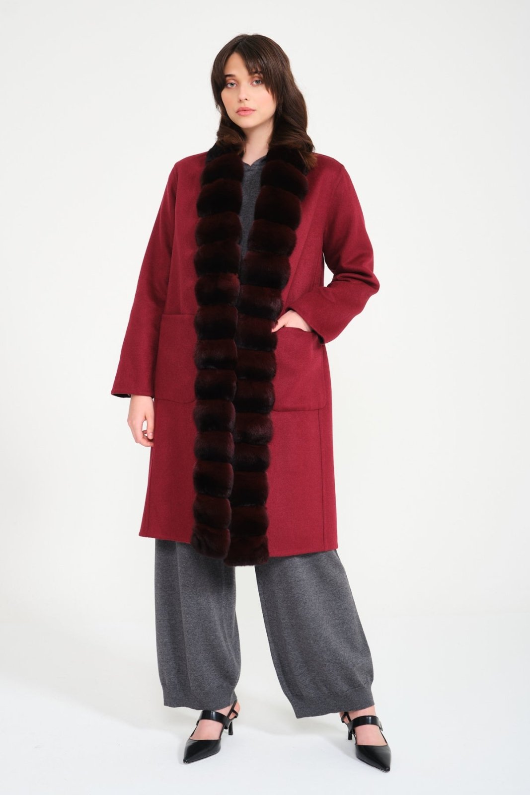 Brown / Burgundy Double Face Long Cashmere Coat - ADAMO