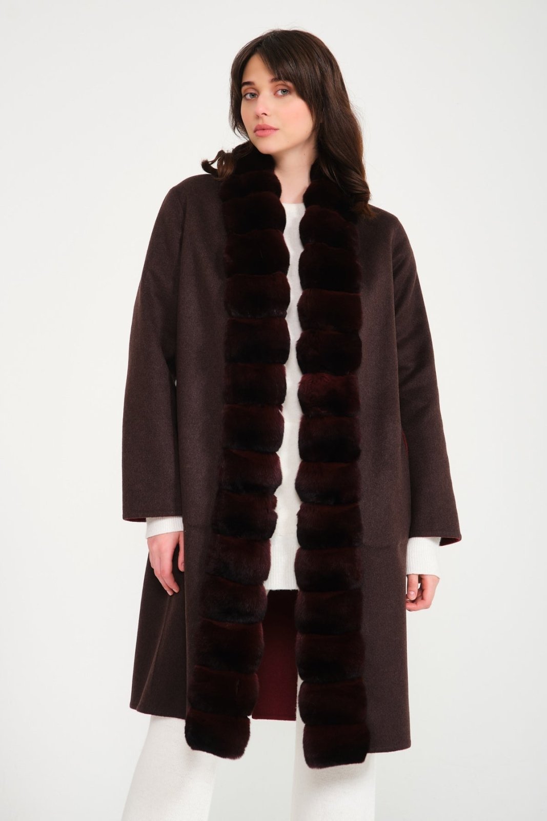 Brown / Burgundy Double Face Long Cashmere Coat - ADAMO