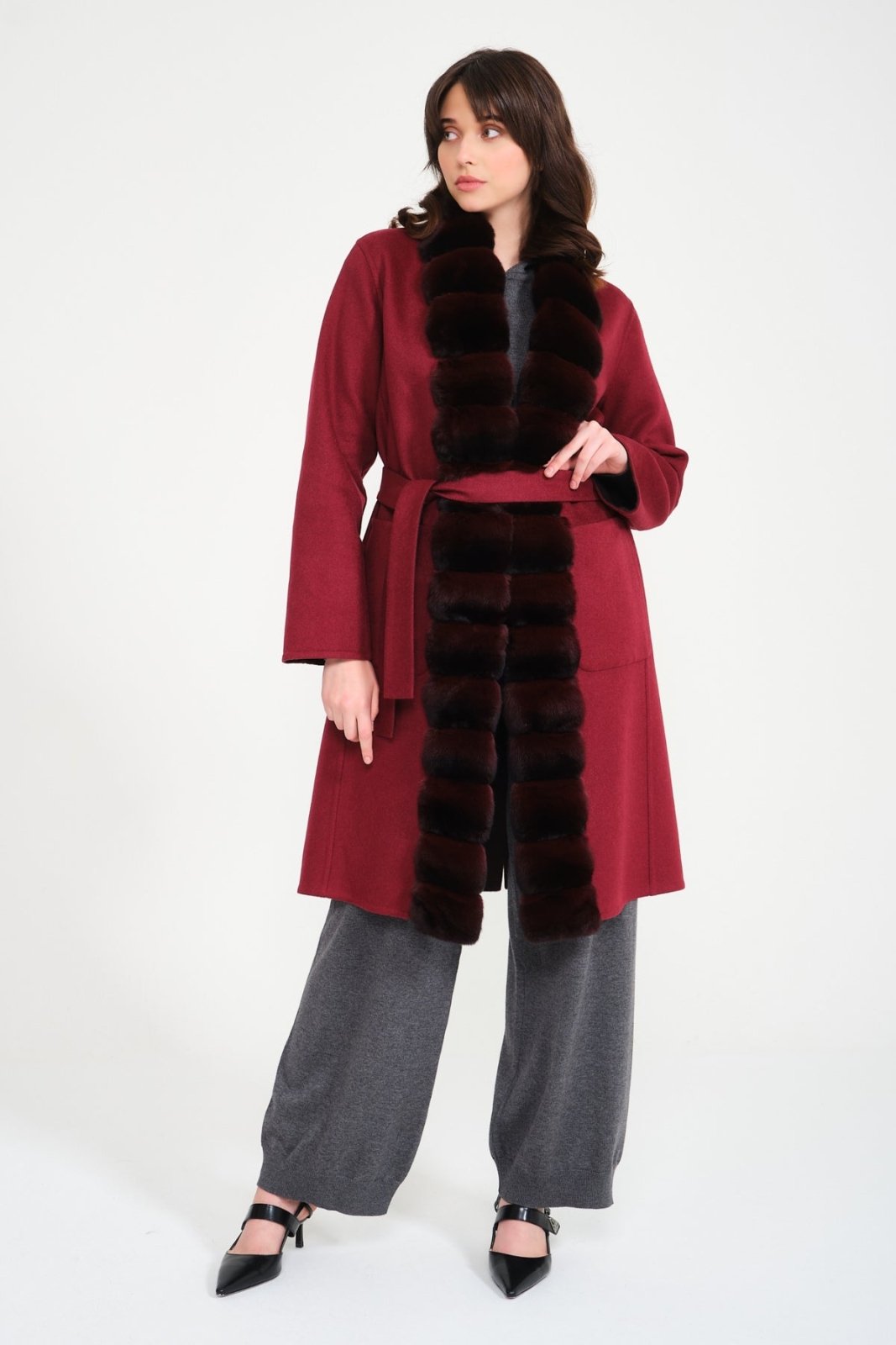 Brown / Burgundy Double Face Long Cashmere Coat - ADAMO