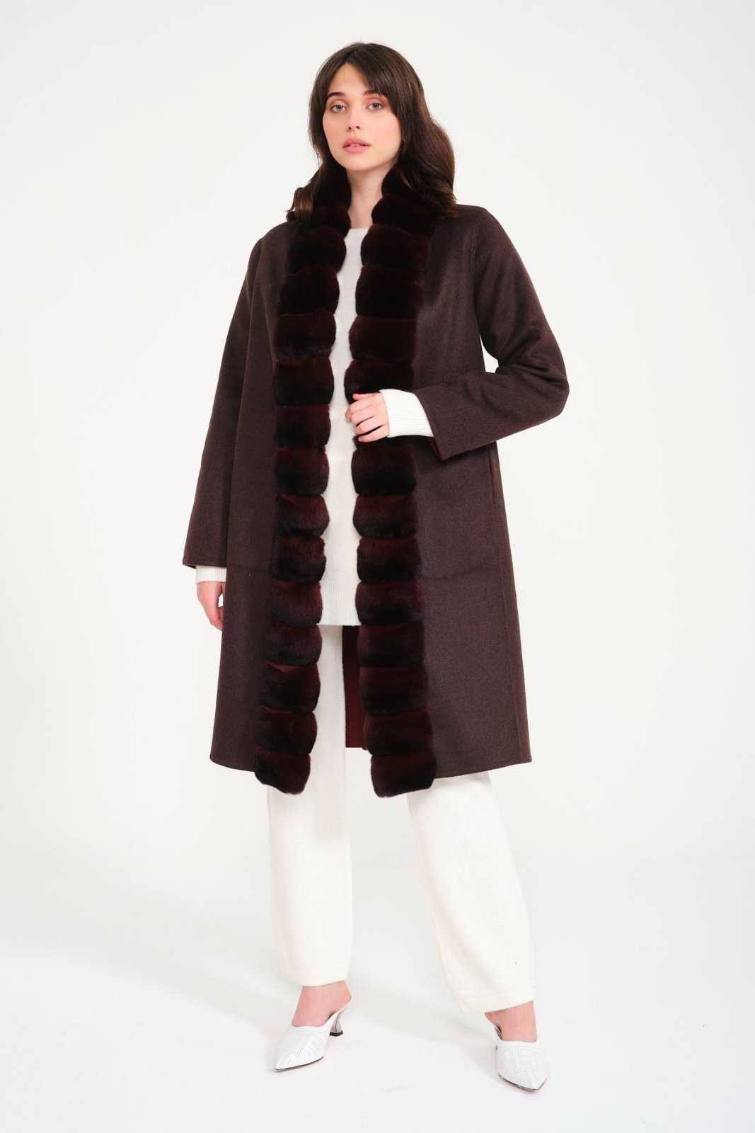 Brown / Burgundy Double Face Long Cashmere Coat - ADAMO