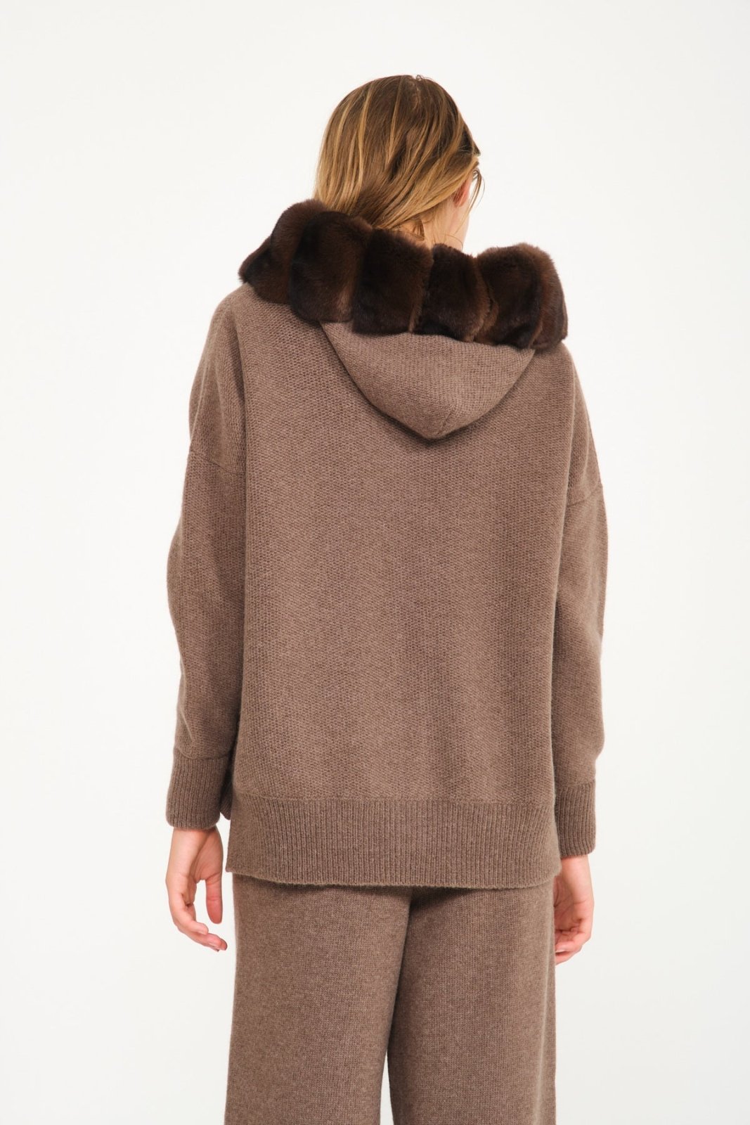 Brown Chinchilla Fur Lined Hoodie & Pants Set - ADAMO